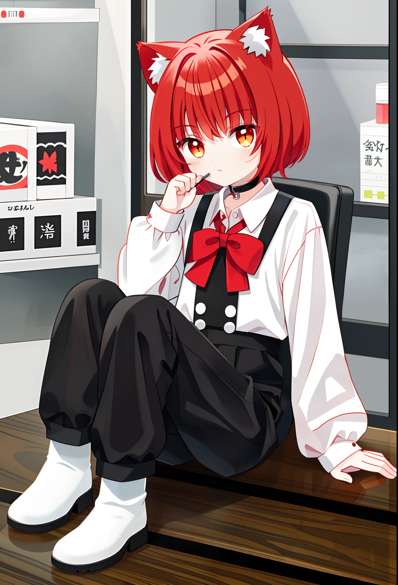 Man anime sense full body front photography sitting in office hand on table one hand holding coke drinking red short hair red cat ears boy wearing white long sleeve stand collar shirt black shorts black socks white snow boots