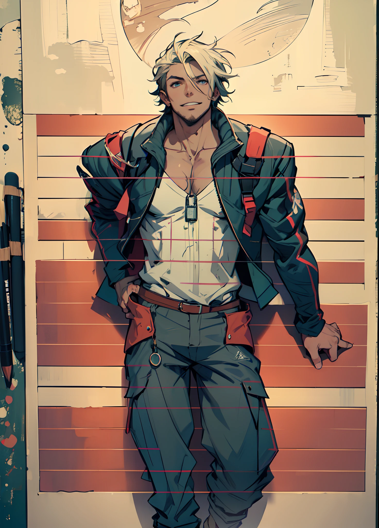 A man with disheveled hair, wearing a beast-shaped mask, eyes exude a cold gaze, lips curl into a contemptuous smile, wears an oversized two-piece coat, exuding a relaxed and casual demeanor, mature and handsome modern style with influences from Japanese anime design, with intricate character design and a mature artistic style, ((character concept art)), full body character drawing, high definition, best quality, ultra-detailed, extremely delicate, anatomically correct, symmetrical face, extremely detailed eyes and face, high quality eyes, creativity, RAW photo, UHD, 8k, professional lighting, soft lighting, (masterpiece:2)