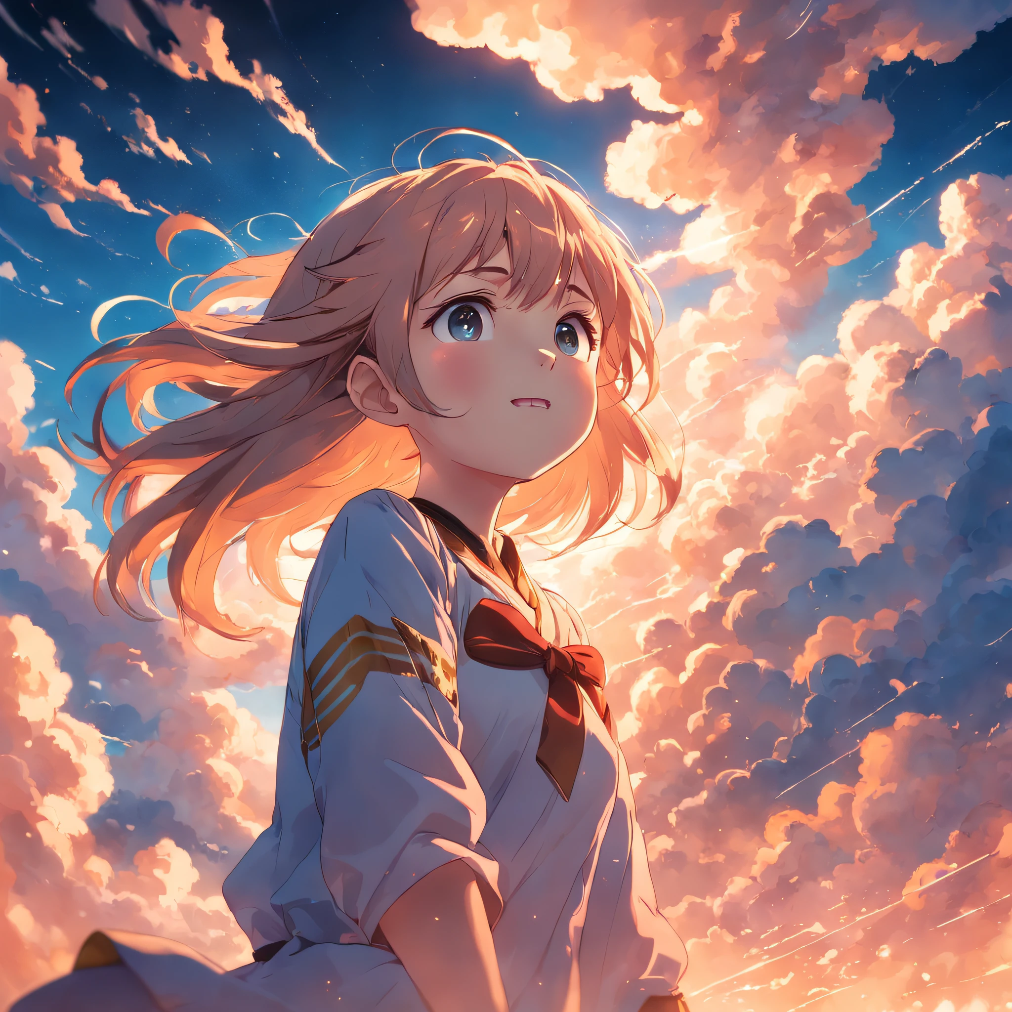 masterpiece, best quality, movie still, 1girl, cloud girl, floating in the sky, close-up, bright, happy, warm soft lighting, sunset, (sparks:0.7)