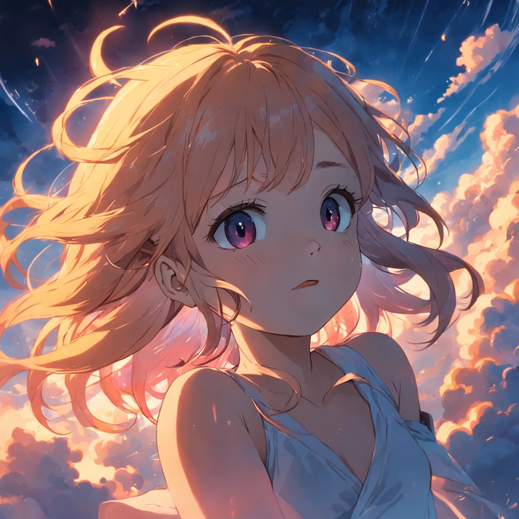 tmasterpiece,best qualtiy,cinematic Film still from,1girl,Cloud Girl,Floating in the sky,closeup cleavage,brightly,cheerfulness,Warm and soft lighting,the sunset,(spark of light:0.7),Wallpaper phone