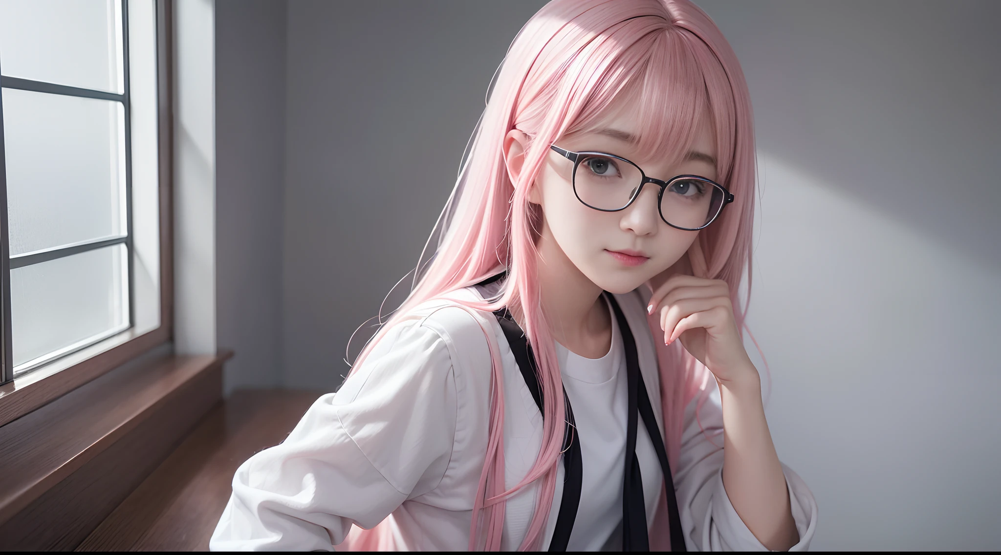Sfw,8K, wallpaper level,RAW photos, best qualtiy, 超高分辨率, style of anime,(Beautiful cute high school student 1.2),eye glass,light pink hair,Light smile,(A woman 1.2),grey background,