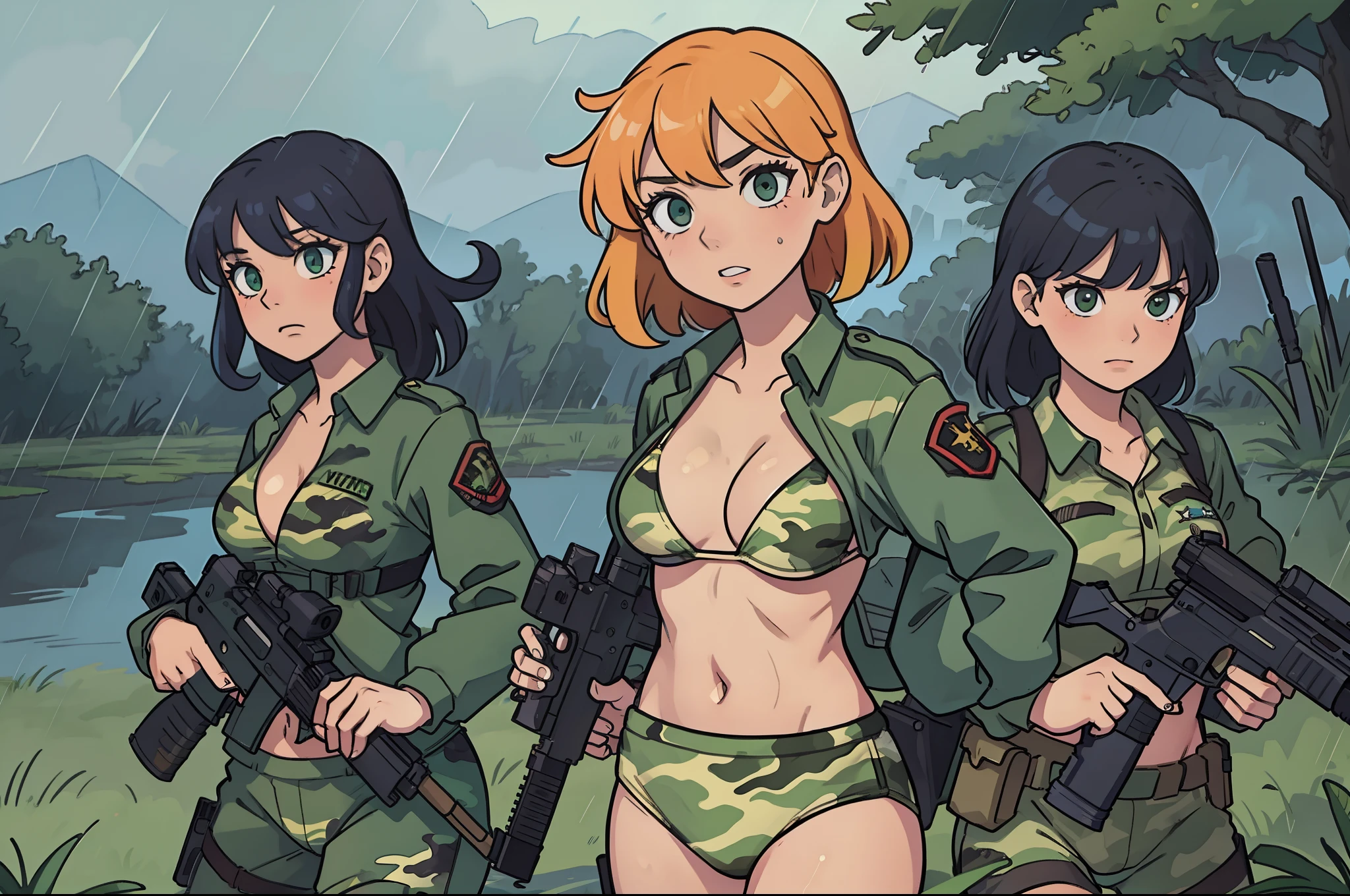 Masterpiece, Comic style, A team of women with guns ,Bikini camouflage uniform, Ride through the swamp,Rained