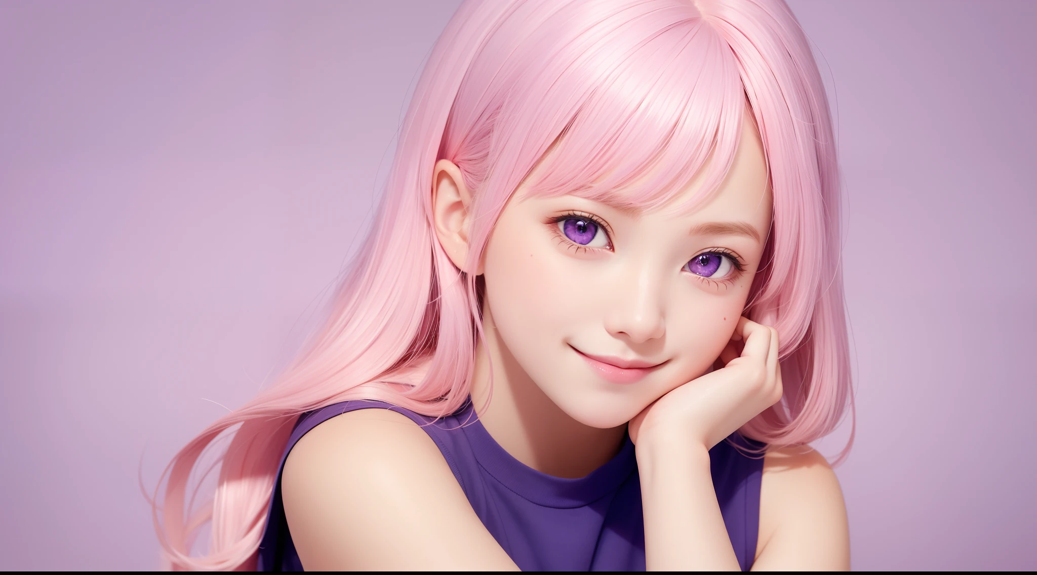 1girl,((smile:1.1)),naughty face,hands on own face,light pink hair,purple eyes,upper body,casual summer wear,pink background,
