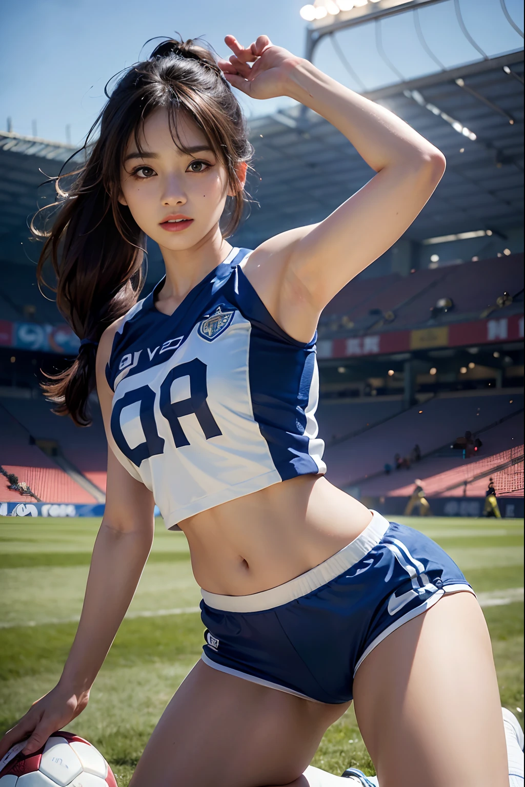 ((Master parts, Best quality,absurderes)),Makoto Shinkai( 1人の女性,soio, Long hair, 21 yeas,Expressive blue eyes,Huge breasts, seios enormes), Cheer Uniforms(((Mini sleeveless gym top, pleatedskirt,White thong panties with bandages, sockes))) , University football field,Other blurred buildings at the bottom of the image,  tag，University football field，University football field，University football field