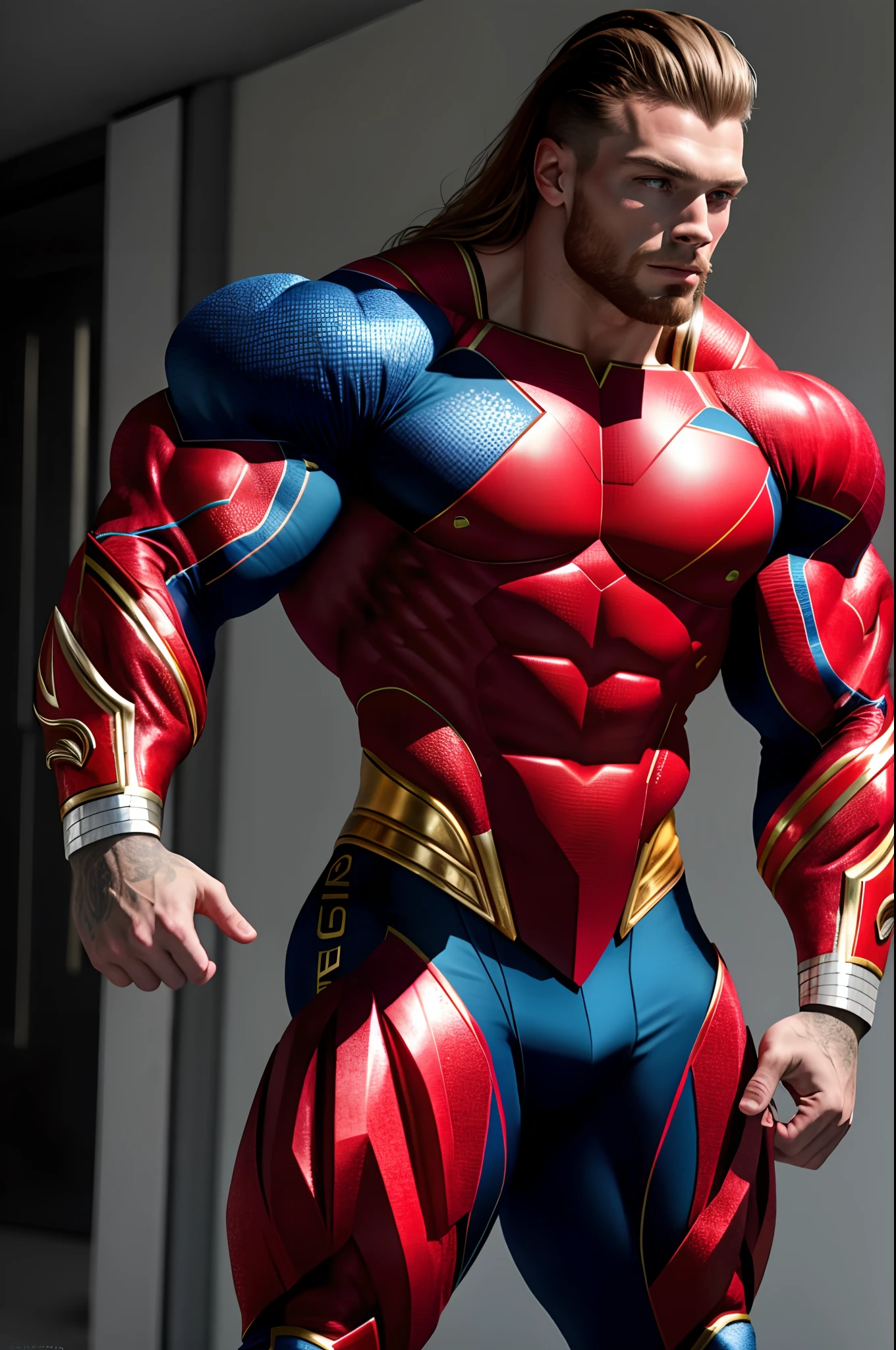 (16k, foto RAW, melhor qualidade, obra-prima: 1.2), ultra-detalhado, arte formal, foto realismo: 1.37, foto do corpo inteiro, (homem, beleza ,( CHRIS BUMSTEAD)film grain, SUPER HOMEM DC,action pose (SUPER HOMEM ))detalhes,VERMELHO E AZUL NA ROUPA,detalhes