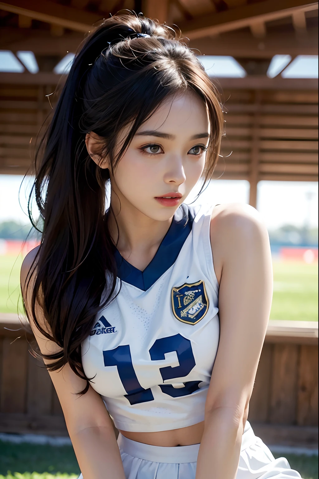(8K、top-quality、tmasterpiece:1.2)、(hentail realism、Photorealsitic:1.37)、ultra - detailed、top-quality、超A high resolution、profetional lighting、photon maping、Radio City、physically-based renderingt、Cinematic lighting、play soccer、depth of fields,on focus,rays of sunshine,Well structured,(the background is blurred:1.2),1 rapariga,(full body Esbian),(Keep your mouth shut),Beautiful eyes,Lewd poses,zoomed out,football uniform,brunette color hair,Beautiful straight hair,poneyTail(ulzzang-6500:1.2) mix4, hiqcgbody、Sweaty beauty、large full breasts、Beautiful woman in football uniform、Dramatic Sexy、Realistic Photos、Soccer court、Face with exquisite details、Beautiful and perfect、Muscular beauty