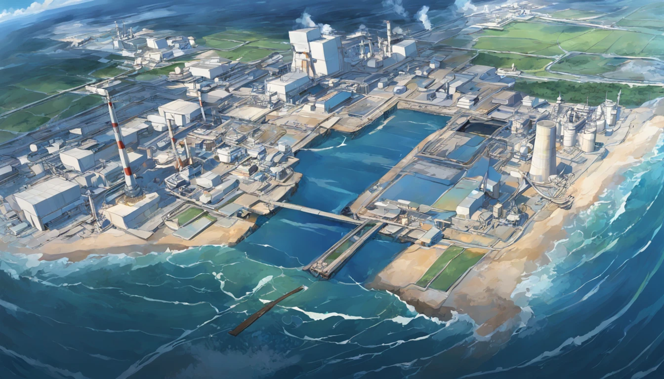 Depicting the appearance of the Fukushima nuclear power plant, Show the drain,Dumping contaminated water into the ocean. Emphasize the contrast between nuclear power plants and the vast sea
