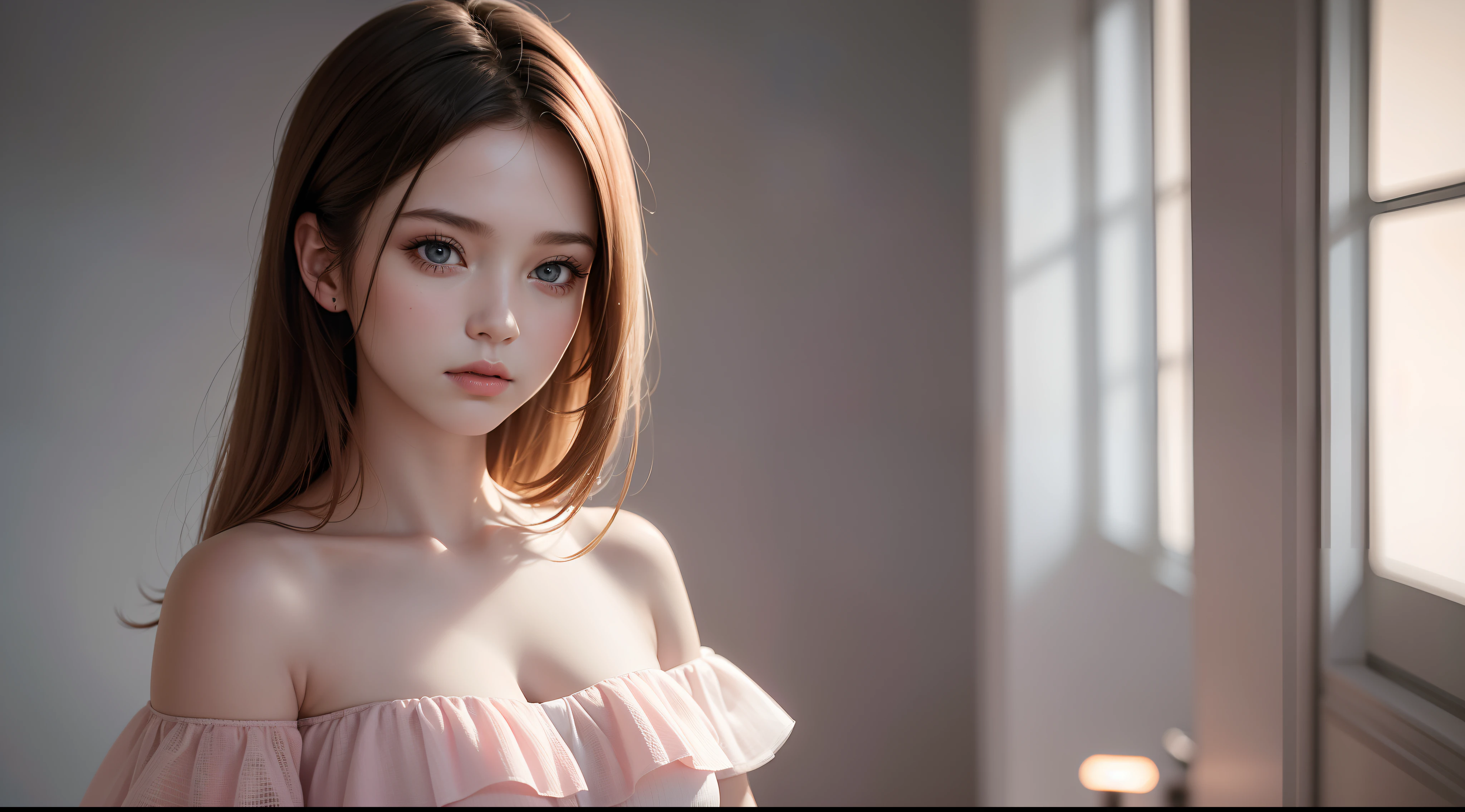 Best Quality, Masterpiece, Ultra High Resolution, (Realisticity: 1.4), Original Photo, 1girl, Pink Off-the-Shoulder, Cinematic Lighting,grey background,
