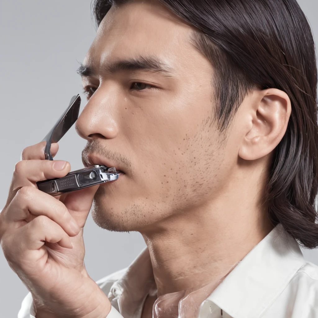 ,A Chinese man holds a razor in both hands，Take a photo of the razor brand，ad campaign，H3H3，Taoist，shot of，beauty retouch，Cool and bright tones，Dua Lipa，Official Product Pictures，inspired by Luo Ping，Clean face and body skin