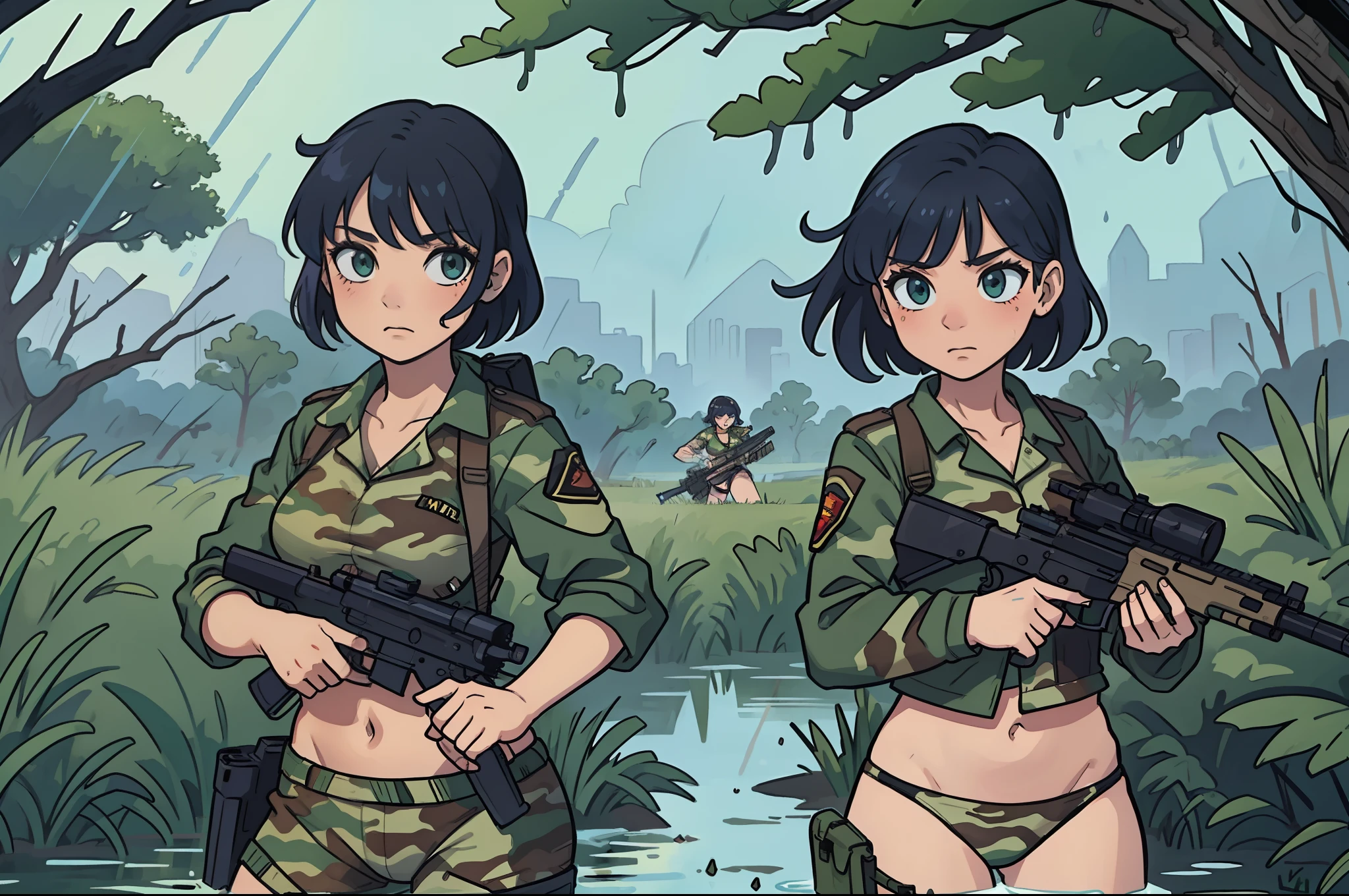 Masterpiece, Comic style, A team of women with guns ,Bikini camouflage uniform, Ride through the swamp,Rained