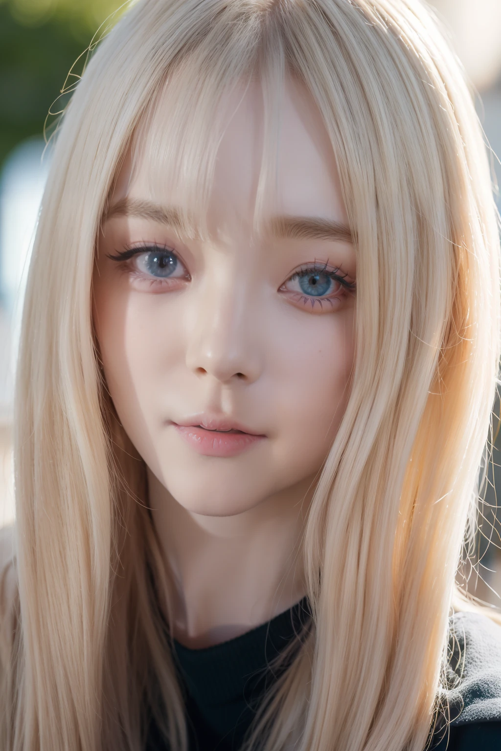 (8K、4K、Top image quality、hight resolution、超A high resolution:1.1)、(​masterpiece、realisitic、Photorealsitic:1.1)、1girl in、faces、a closeup、blonde  hair、Sareme、Black eyes、(Look at viewers:2)、length hair、long eyeslashes、a small face、big eye、thick shoulders、highly contrast、slender