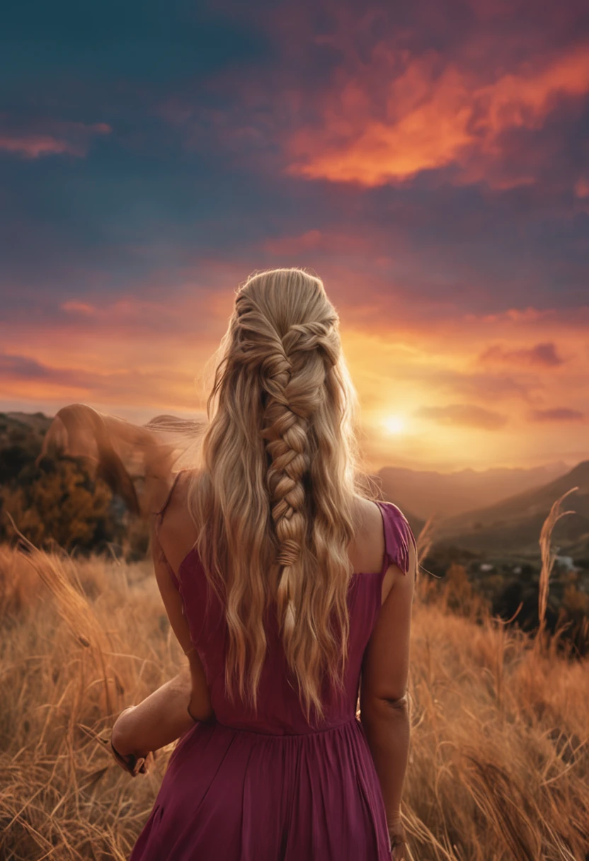 Beautiful scenery woman braided hair blonde wind swinging hair with sunset extinct puppy