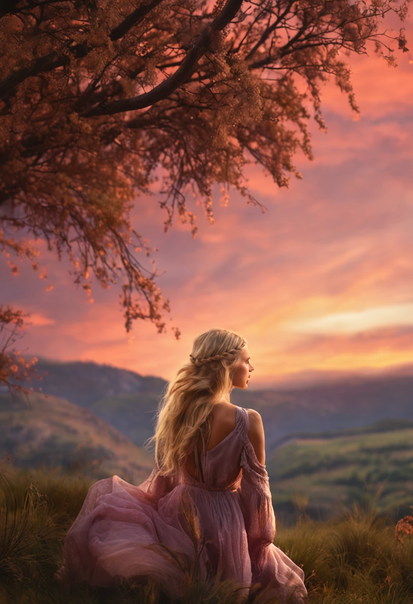 Beautiful scenery woman braided hair blonde wind swinging hair with sunset extinct puppy