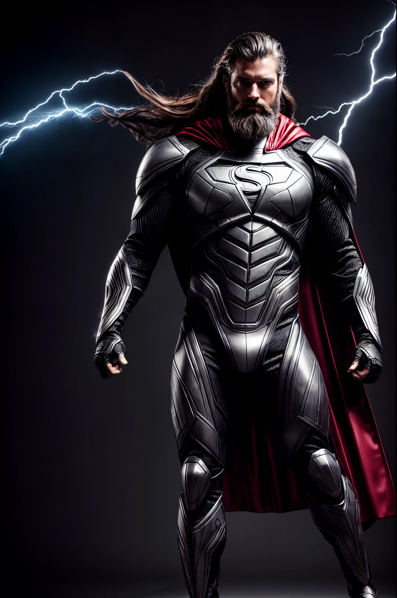 An intricate carbon and silver Superhero in a cyber suit, extravagant dark red silk Cape, no helmet, has long hair and a beard, his super powers are strength and flight, shooting lightning out of hands, laser eyes, levitating, extremely detailed suit, micro-details, photorealism, one light, dark photo, deep shadows, shallow depth of field, photorealistic, Surrealism, high quality, masterpiece, 8k, 8k, super detail, full body portrait,  extremely muscular