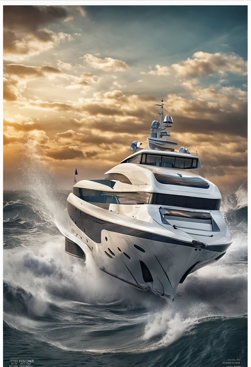 A poster of Gala dinner, 15 anniversal of logistic company, color photo of a white large yacht and ocean waves combined into an artistic painting. The image reflects on the night sea. The focal point of the artwork is a majestic yacht, its sleek lines cutting through the tumultuous waves with grace and power. Poster is very art