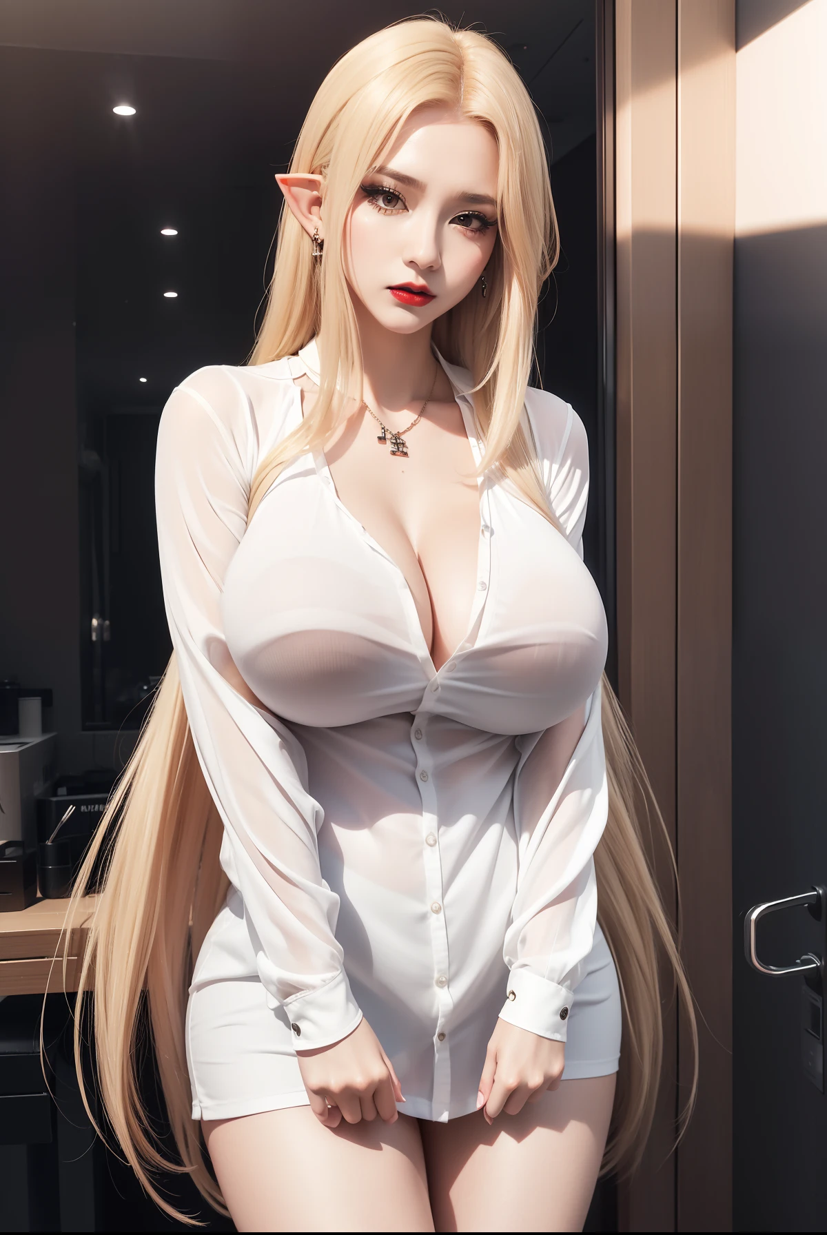 (8k, RAW photos, top quality, masterpiece: 1.2), (realistic, photorealistic: 1.37), (High Quality), (Ultra realistic), (High Details), (Face detail), (Shadow Detail), ((Gigantic huge breasts: 1.5)), (wide hips), ((big butt)), slender abs, slim belly, 1 girl, blonde hair, long hair, elf ears, red earrings, soft make-up, eyeshadow, eyeliner, red lips, white oversize long shirt, (angry), sexy face, sexy expression, alpha