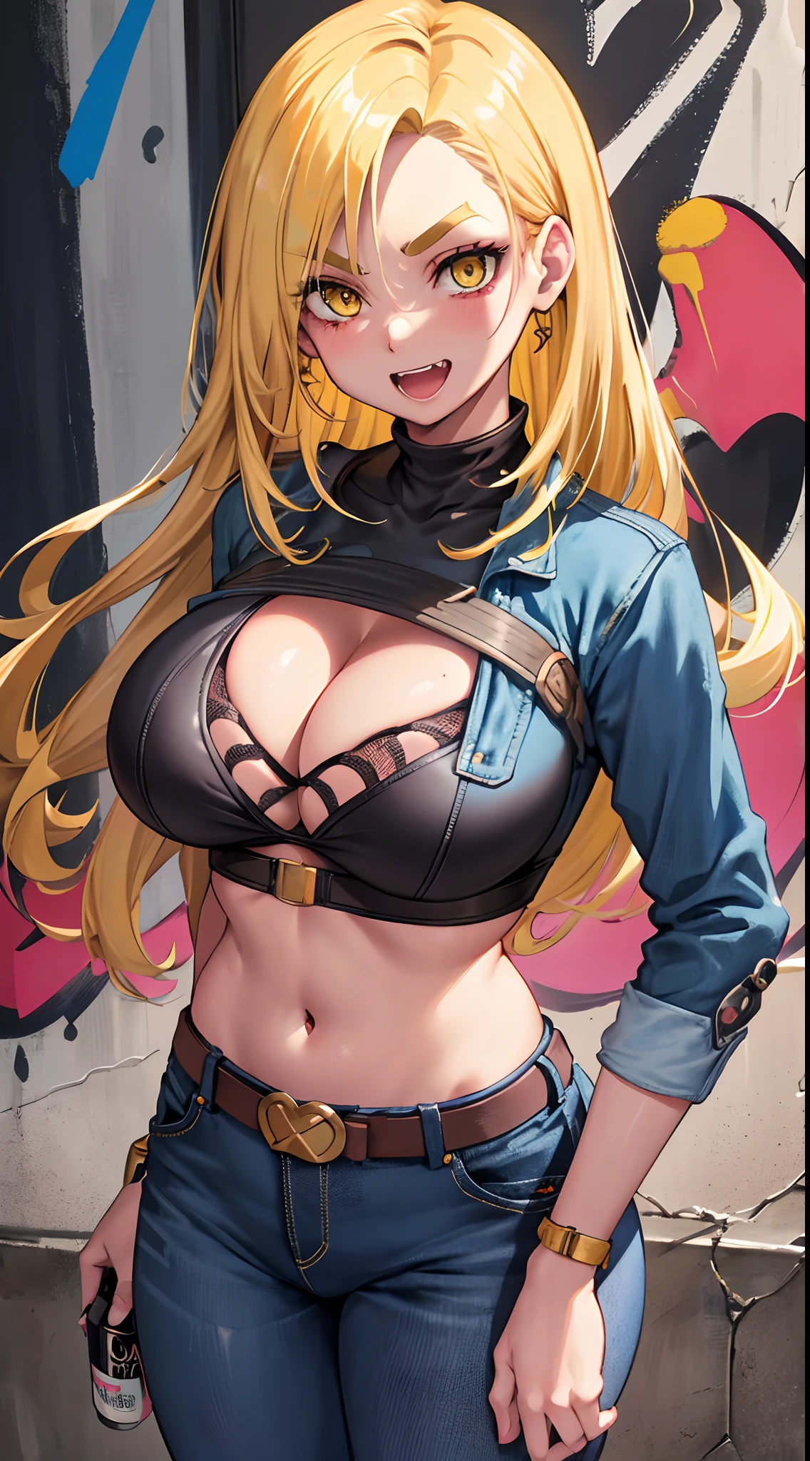 Android 18, Volumetric Lighting, Best Shadows, Shallow Depth of Field, Portrait Of Stunningly Beautiful Girl, Delicate Beautiful Attractive Face With Alluring Yellow Eyes, Messy Painted Face, Sharp Eyebrows, Broadly Smiling, Open Mouth, Fangs Out, Lovely Huge Breasts, Medium Blond Hair, Blush Eyeshadow, Thick Eyelashes, Oversized Pop Jacket, Mini Underboob Tee, Open Navel, Slim Waist, Denim Jeans Pants, With Buckle Belt, In The Graffiti Alley, Waste Container, Outside Stairs, Outdoor Unit, Holding Spray Paint Can, Standing, (Highest Quality, Amazing Details:1.25), (Solo:1.3), Brilliant Colorful Paintings