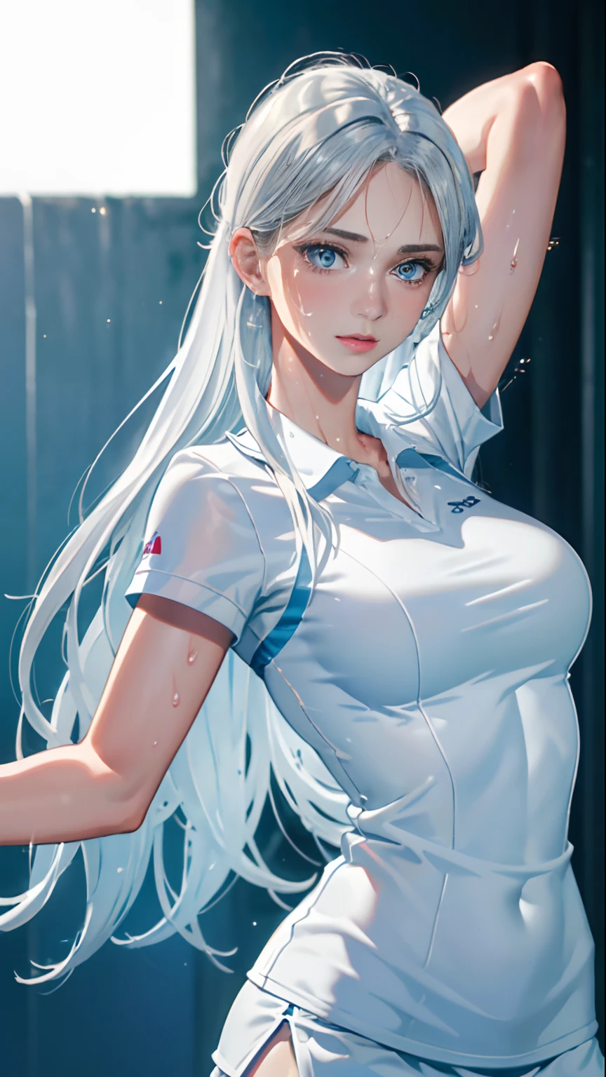 absurd, masterpiece, best quality, realistic, hyper-detailed, (shiny skin, sweaty:1.4), slender, looking at viewer, 1girl, solo, tennis wear, white polo shirt, white sneakers, white miniskirt, long hair, silver hair, blue eyes, (thick thighs:0.5), dynamic lighting, high resolution, sharp focus, depth of field, small breasts