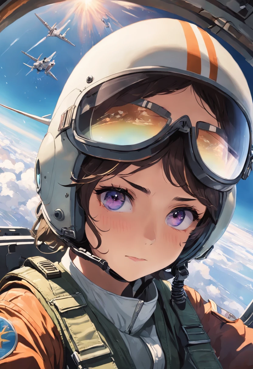 Alafed pilot in the cockpit of an airplane wearing a helmet and goggles, Fighter pilot in the cockpit, In the cockpit of a fighter, Helmet View, Visor wearer's Perspective, Nose under visor, Jet fighter pilots of the 70s, in cockpit, Military Pilot Uniform, Advanced Technology Flight Suit、Angel approaching from behind right、Angel Outside the Window、(((An angel passes by outside the window)))、Winged girl flying in the background、The feathered girl is behind
