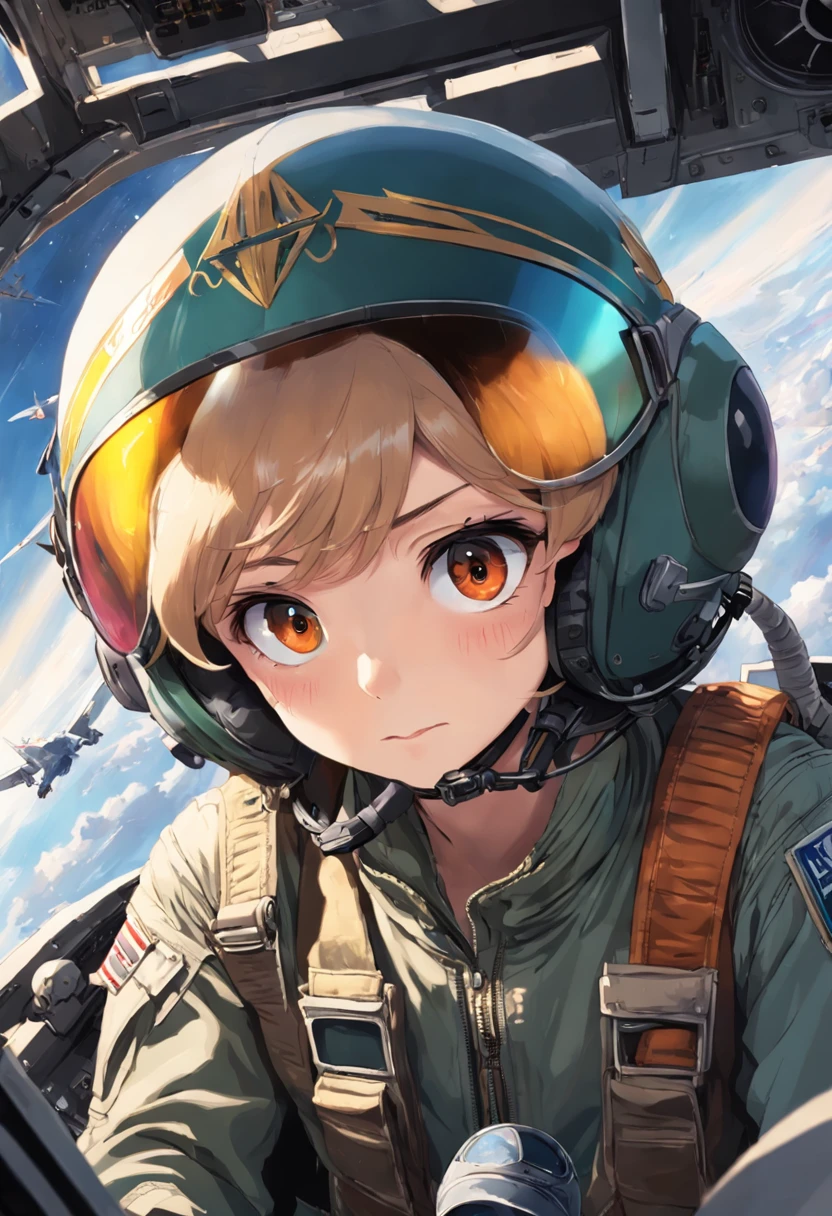 Alafed pilot in the cockpit of an airplane wearing a helmet and goggles, Fighter pilot in the cockpit, In the cockpit of a fighter, Helmet View, Visor wearer's Perspective, Nose under visor, Jet fighter pilots of the 70s, in cockpit, Military Pilot Uniform, Advanced Technology Flight Suit、Angel approaching from behind right、Angel Outside the Window、(((An angel passes by outside the window)))、Winged girl flying in the background、The feathered girl is behind