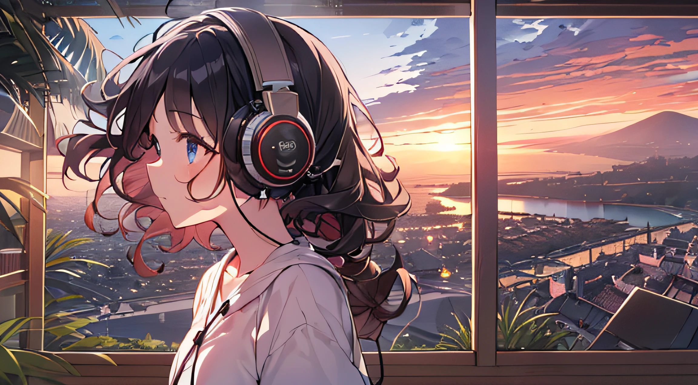 Ultra Wide Angle, (From behind), Girl listening to music in bed with headphones, Anime Girls, Girl listening to music in a cozy room (night), Use headphones, On the roof, (beautiful night views from windows), Lots of things, 2D Anime Style, The aesthetics of anime in the 90s, Lo-Fi, Very detailed, hard disk, A mix of anime style and Fujifilm, Surreal, 8k, masterpiece