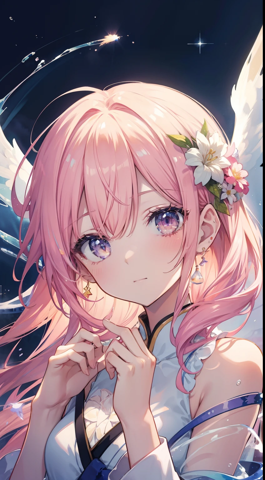 masutepiece, Best Quality, Sharp Focus, 8K, Complex and detailed environments, Anime, Watercolor illustration, Colorful, Bright colors, capricious, glowing lights, Otherworldly liquid, Fairy Light, Beautiful girl in flowing liquid glowing dress, Perfect face,Beautifully aligned fingers、 Golden ratio, Sparkling eyes, watercolor paiting, Liquid Light, Angel wings、Wind Spirit、Wearing flowers that invite dreams、