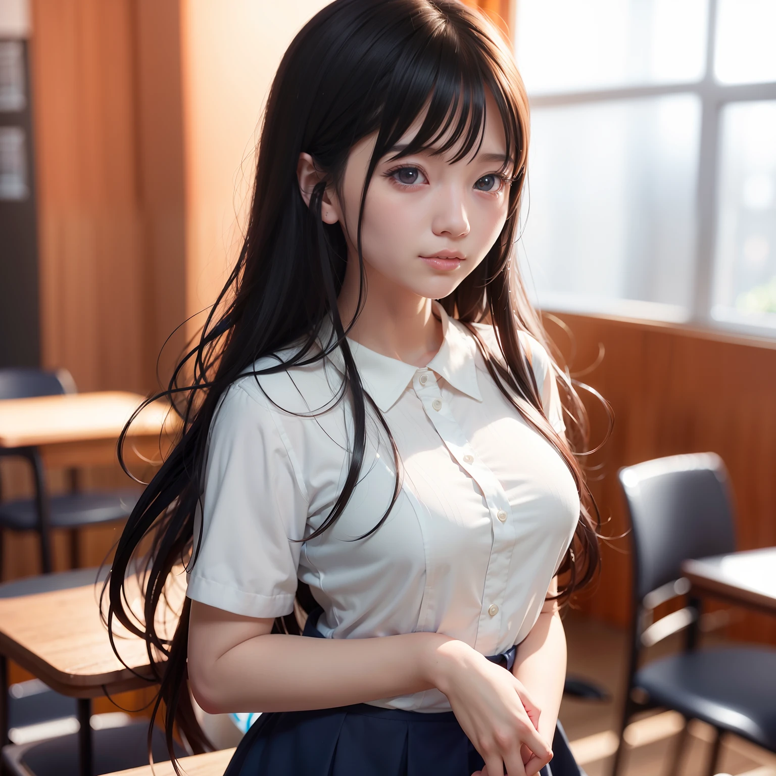anime girl with long black hair wearing a white shirt and blue skirt, hyperrealistic schoolgirl, realistic anime 3 d style, smooth anime cg art, a hyperrealistic schoolgirl, realistic schoolgirl, photorealistic anime girl render, 3 d anime realistic, beautiful anime high school girl, photorealistic anime, realistic young anime girl, anime-styled 3d
