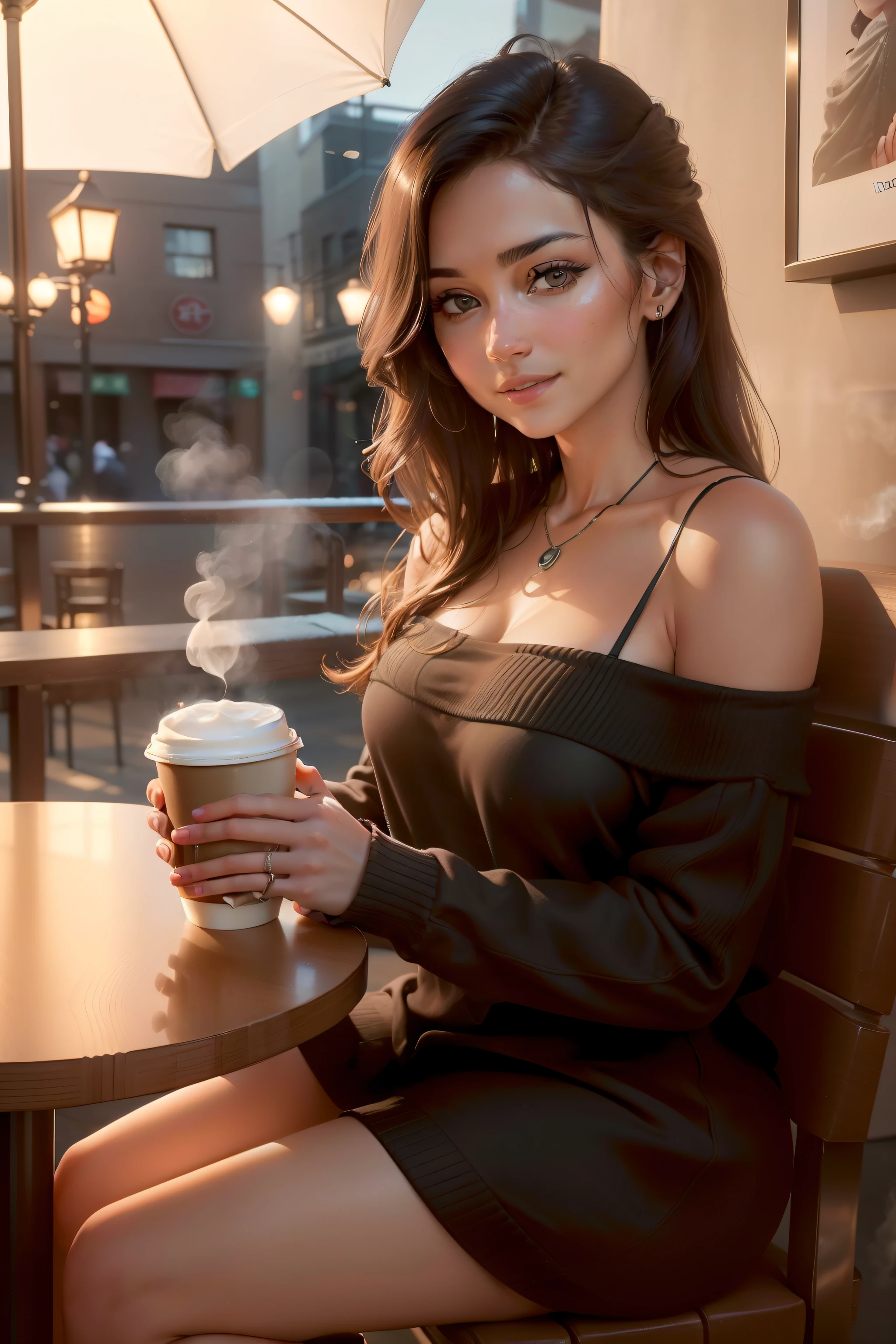 (contemporary indulgence, 4K, high resolution, photo-realistic:1.3), a captivating image featuring an attractive lady enjoying a sip of Starbucks coffee, (relaxed charm in her expression:1.2), (expressive eyes conveying delight:1.2), seated in a cozy coffee shop corner, (soft, warm lighting setting an inviting ambiance:1.1), the Starbucks logo subtly visible on the cup, (rising steam adding a touch of realism:1.1), (iPhone 13 Pro camera, ideal for capturing spontaneous moments:1.2), (paired with a Moment Macro Lens:1.2), (capturing her enjoyment and the coffee's allure with precision:1.1), (immersed in the comforting coffee shop atmosphere:1.1), (highlighting the genuine experience of relishing coffee:1.1), (the image evoking a sense of modern relaxation and indulgence:1.1)