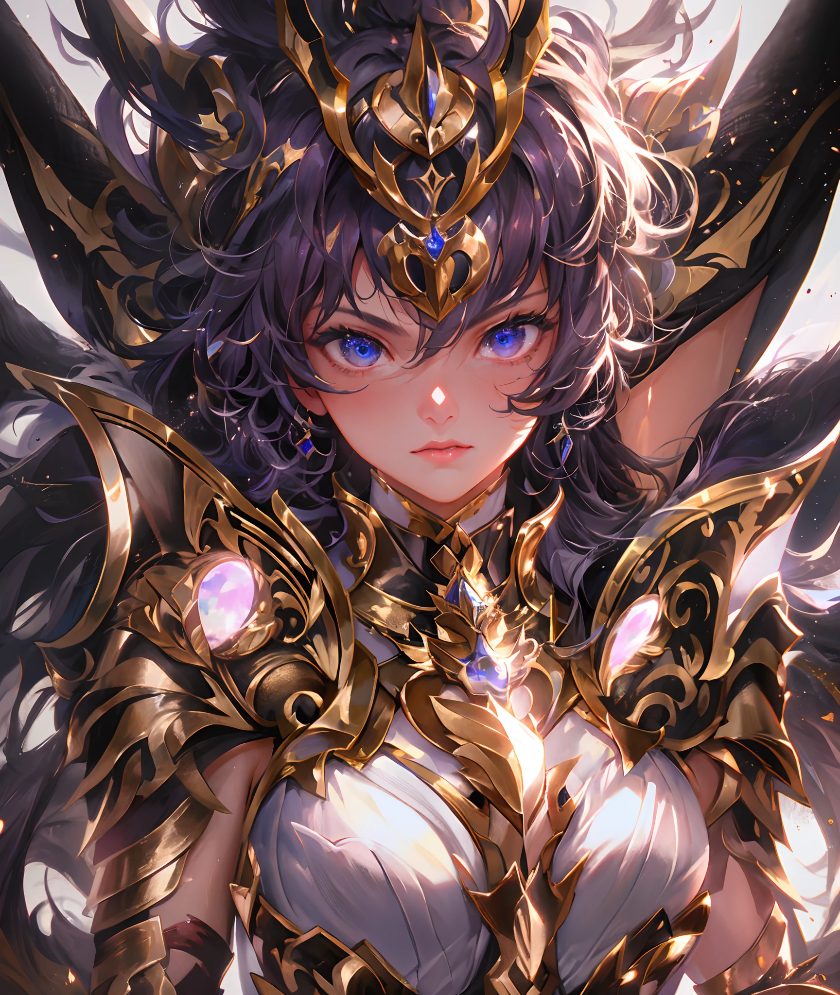 Ultra-high saturation，（tmasterpiece）， fully body photo，（best qualtiy）， （1girll）， starryskybackground，Wearing shiny gold armor， Sexy lingerie type armor，Expose your chest，Expose the waistline，Exposing thighs，cool-pose， Saint Seiya Armor， messy  hair，high detal, Anime style, Cinematic lighting, Sparkle, god light, Ray traching, filmgrain, hyper HD, textureskin, super detailing, Anatomical correct, A high resolution，Ultra-high saturation，hight contrast，High-gloss armor，Smooth skin，Serious expressions,Dark room,