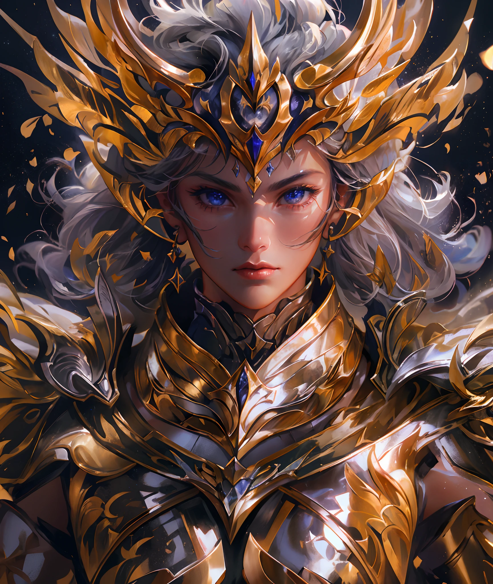 Ultra-high saturation,(tmasterpiece), fully body photo,(best qualtiy), (1girll), starryskybackground,Wearing shiny gold armor, Sexy lingerie type armor,Expose your chest,Expose the waistline,Exposing thighs,cool-pose, Saint Seiya Armor, messy hair,high detal, Anime style, Cinematic lighting, Sparkle, god light, Ray traching, filmgrain, hyper HD, textureskin, super detailing, Anatomical correct, A high resolution,Ultra-high saturation,hight contrast,High-gloss armor,Smooth skin,Serious expressions,Dark room,