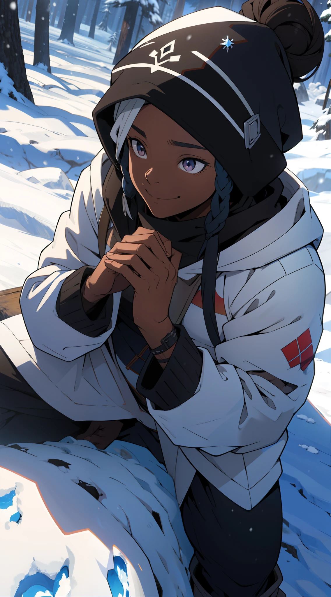 "Desenhe uma cena de anime encantadora, where a dark-skinned black woman is the highlight. She's sitting in the snow, envolta por um ambiente totalmente branco. Her black hair falls softly over her shoulders as she warms herself in his hands. Seus olhos grandes de anime brilham, reflecting its beauty and sweetness. Ela veste roupas de inverno completamente brancas, incluindo um gorro fofo e peludo, botas brancas peludas e luvas branquinhas. A neve cai ao seu redor, Creating a magical setting. A imagem captura a cena de inverno com um foco na mulher, destacando sua fofura e a serenidade da neve que cai ao seu redor."