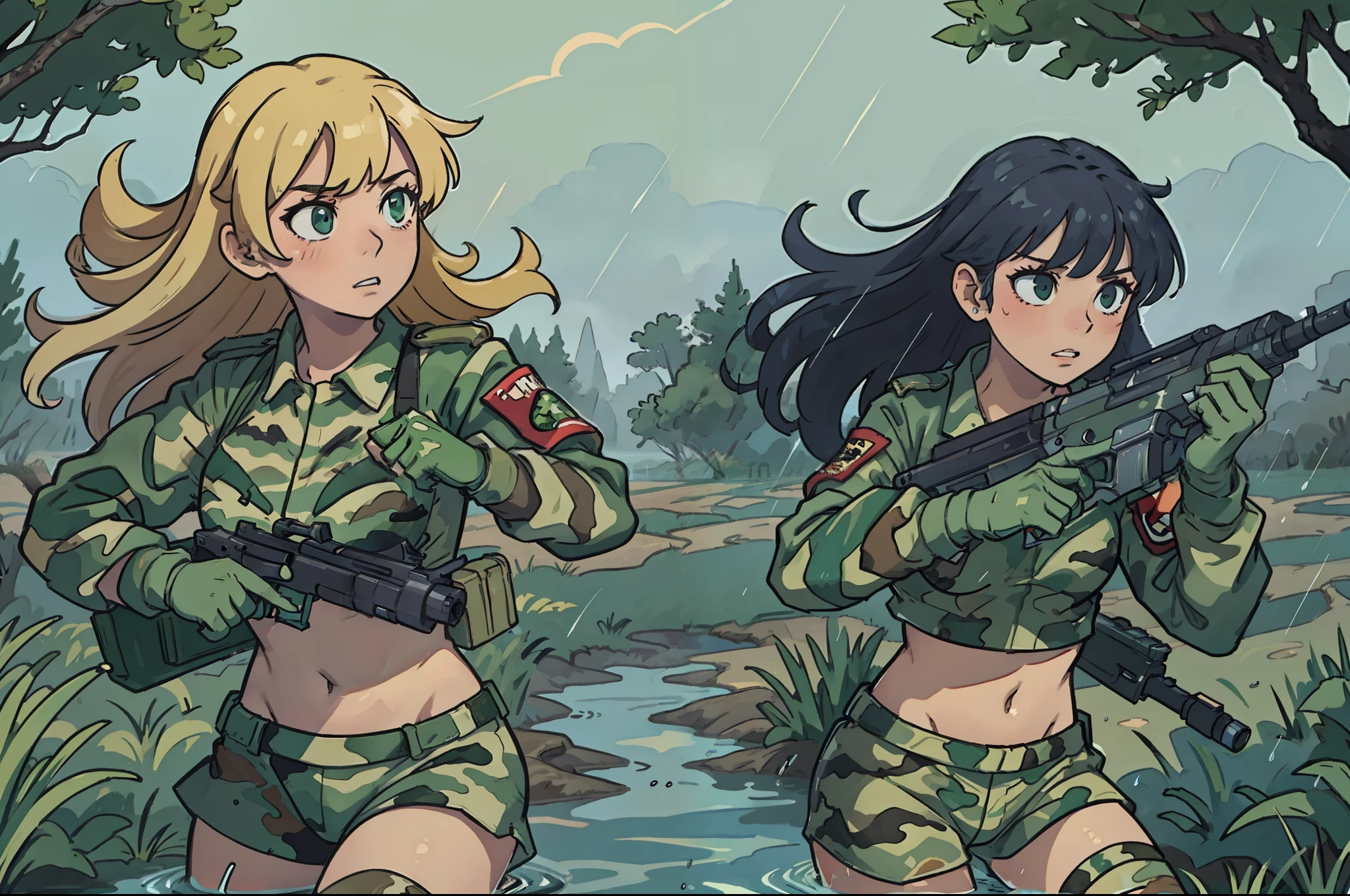 Masterpiece, Comic style, A team of women with guns ,Bikini camouflage uniform, Ride through the swamp,Rained