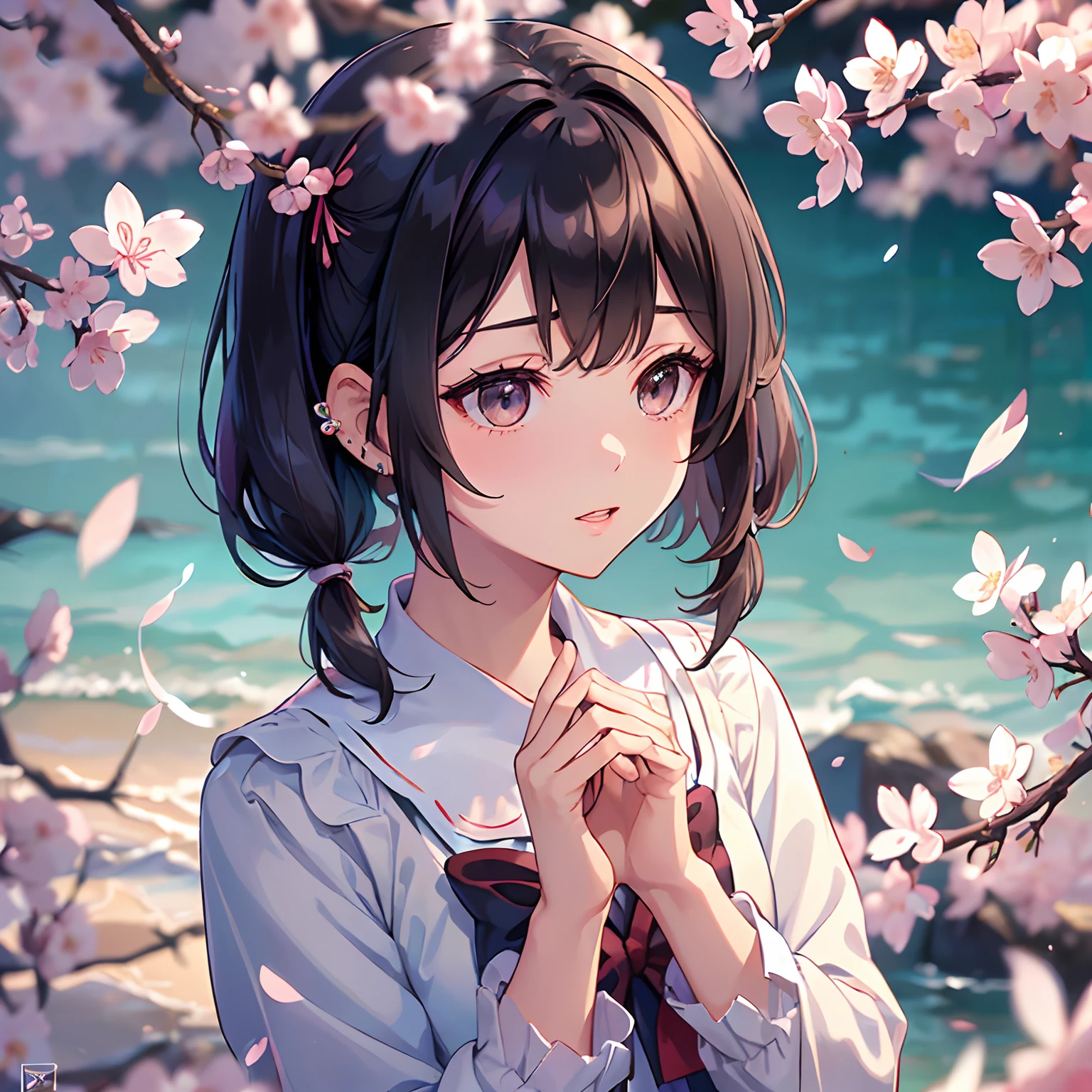 Anime girl with ponytail hair and blue shirt standing in front of a ...