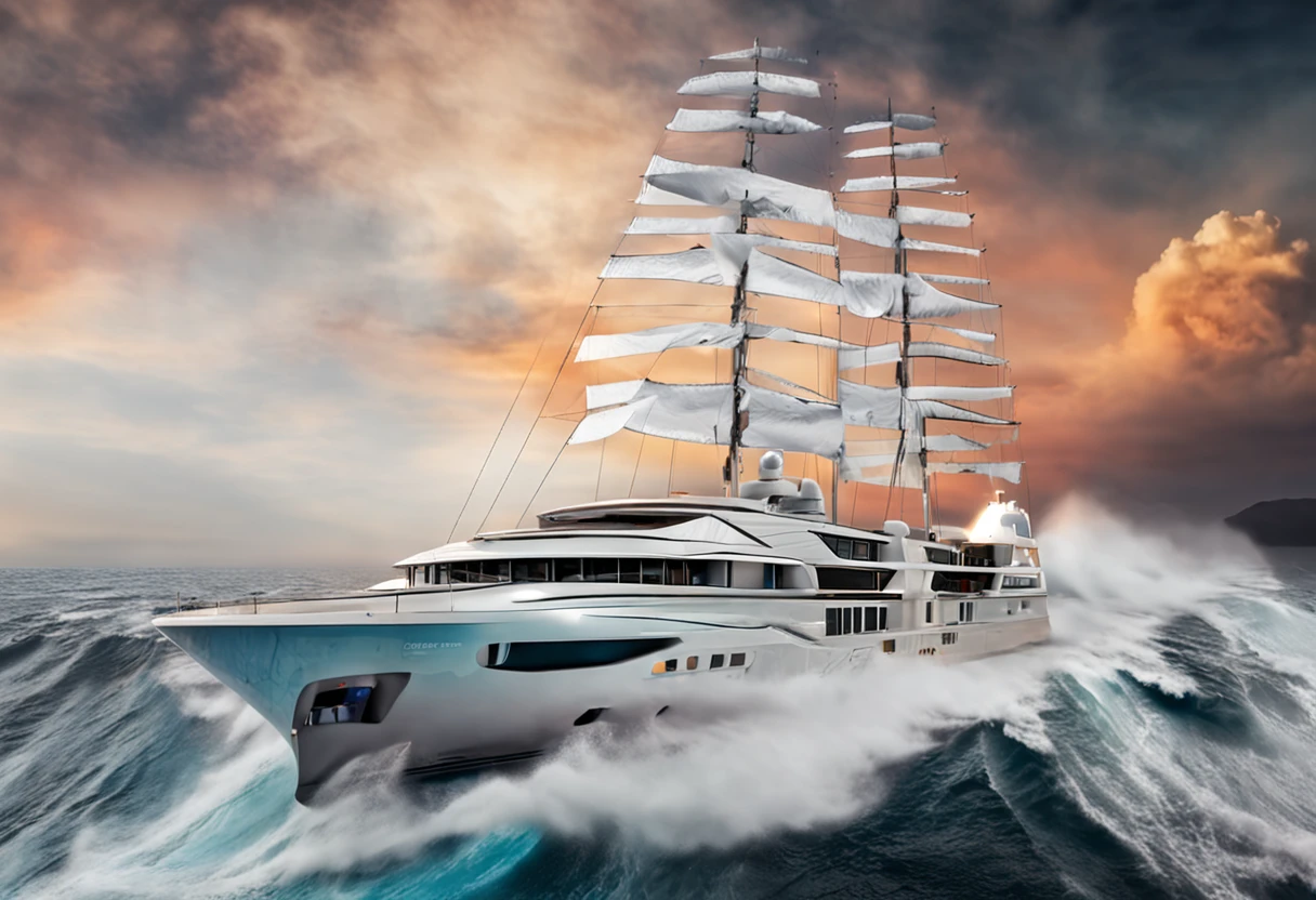 A poster of Gala dinner, 15 anniversal of logistic company, color photo of a white large yacht and ocean waves combined into an artistic painting. The image reflects on the night sea. The focal point of the artwork is a majestic yacht, its sleek lines cutting through the tumultuous waves with grace and power. Poster is very art