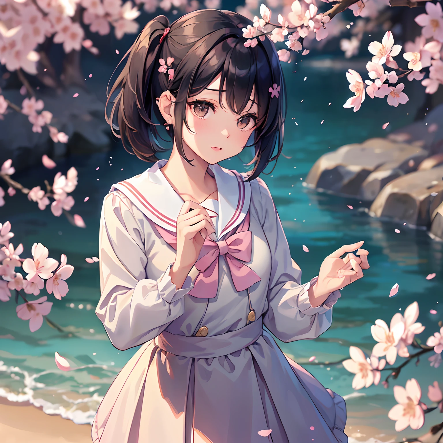 (masterpiece), (portrait), (aesthetic), (beautiful), (upper blody), (high quality), (aesthetic clothings), (professional angle), (rule of thirds), (Feminine), (woman), (female), (beautiful),(feminine features), (23 years), solo, 1 woman, (attractive Japanese), Spring, Natural light, (Cute), Fresh Makeup, (Petite bust), ((holding a Sakura Branch)), (Angle face), (Playful expression), ((Excited)), Hair Clips, Ear Piercing, ((Short hair)), (Black hair), (Pigtails hair), (Straight hair), Shiny shine hair, (Ribbons in hair), (Brown eyes), (Kawaii look), (Fair skin), (Pastel Colors clothing), (Sailor Dress), (Cardigan), (Skirt), Peter Pan neckline), ((Cherry Blossoms background)), (- in background), (Close-up shot), beautiful hands, two hands, normal hands, two arms, complete hands, beautiful body, beautiful fingers, normal fingers, five fingers, five fingers, (Thumb index meddle ring little fingers), beautiful ears, normal ears, beautiful eyes, shiny eyes, beautiful mouth, beautiful lips,