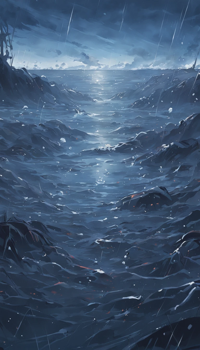 Wastewater is discharged into the oceot of debris floats on the surface of the sea，Raindrops hit the sea，Dark and gloomy sky, best picture quality, high detail