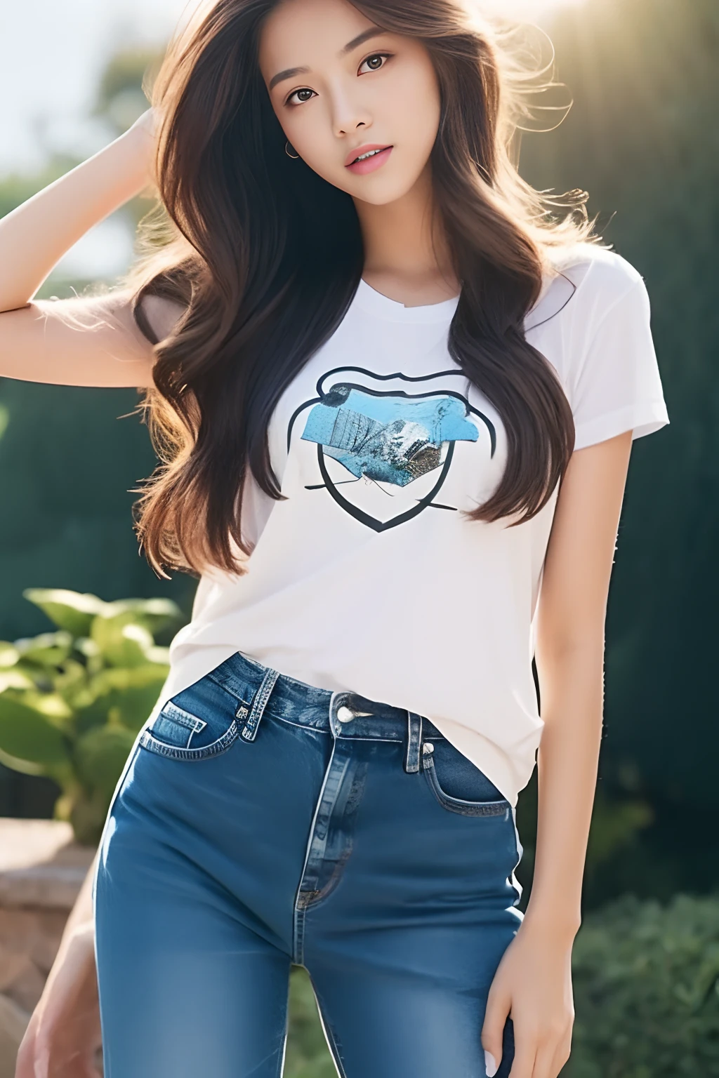 1 girl, small tits, Wear a T-shirt, Brown semi-long hair, evening, suns、Sunset、streaks of sunshine shining through the clouds, Slimed、A slender、Model body type、Denim skinny pants