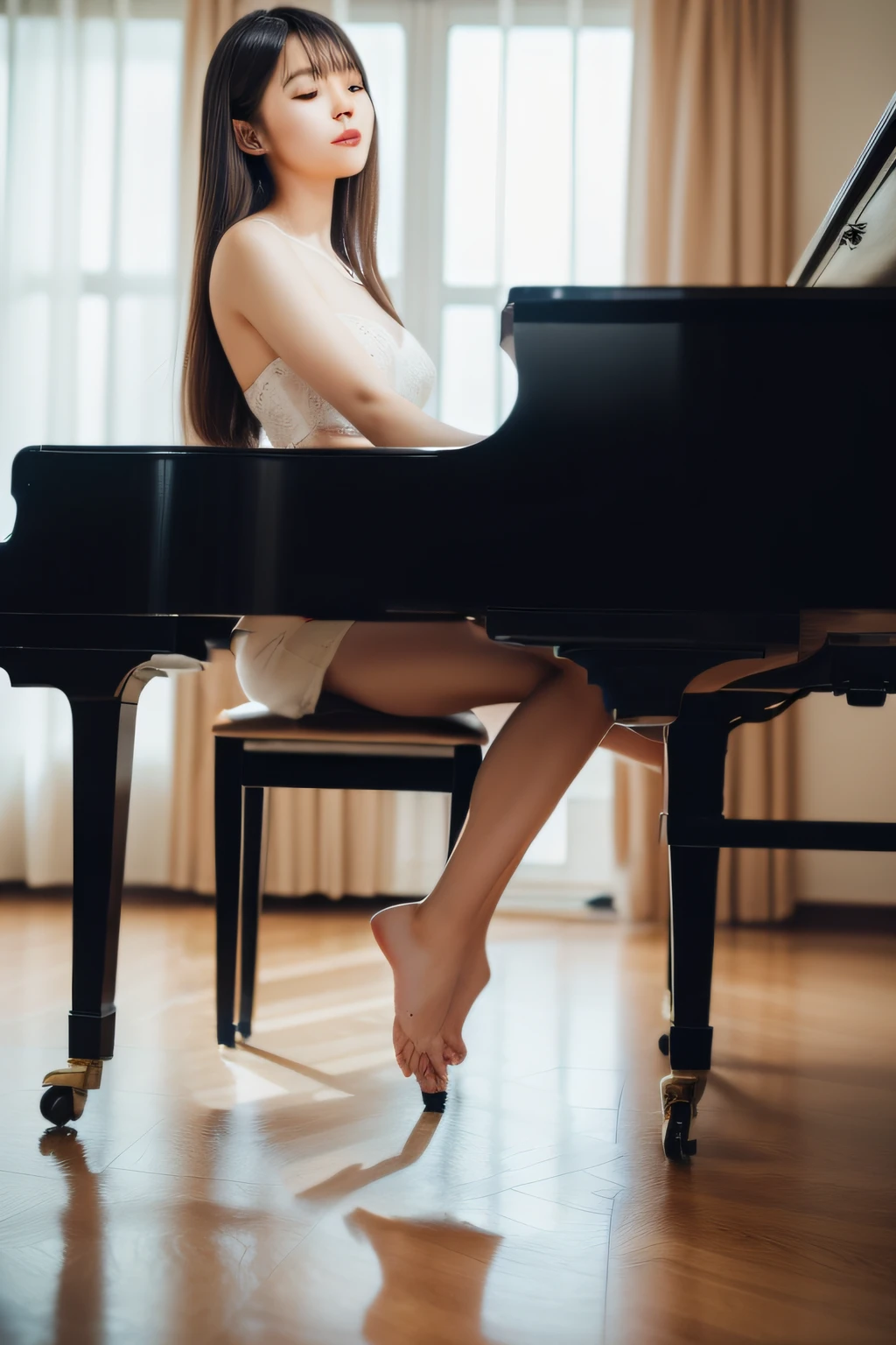 Sitting on a piano chair、Beautiful legs、Precise angle and position of the lower body、