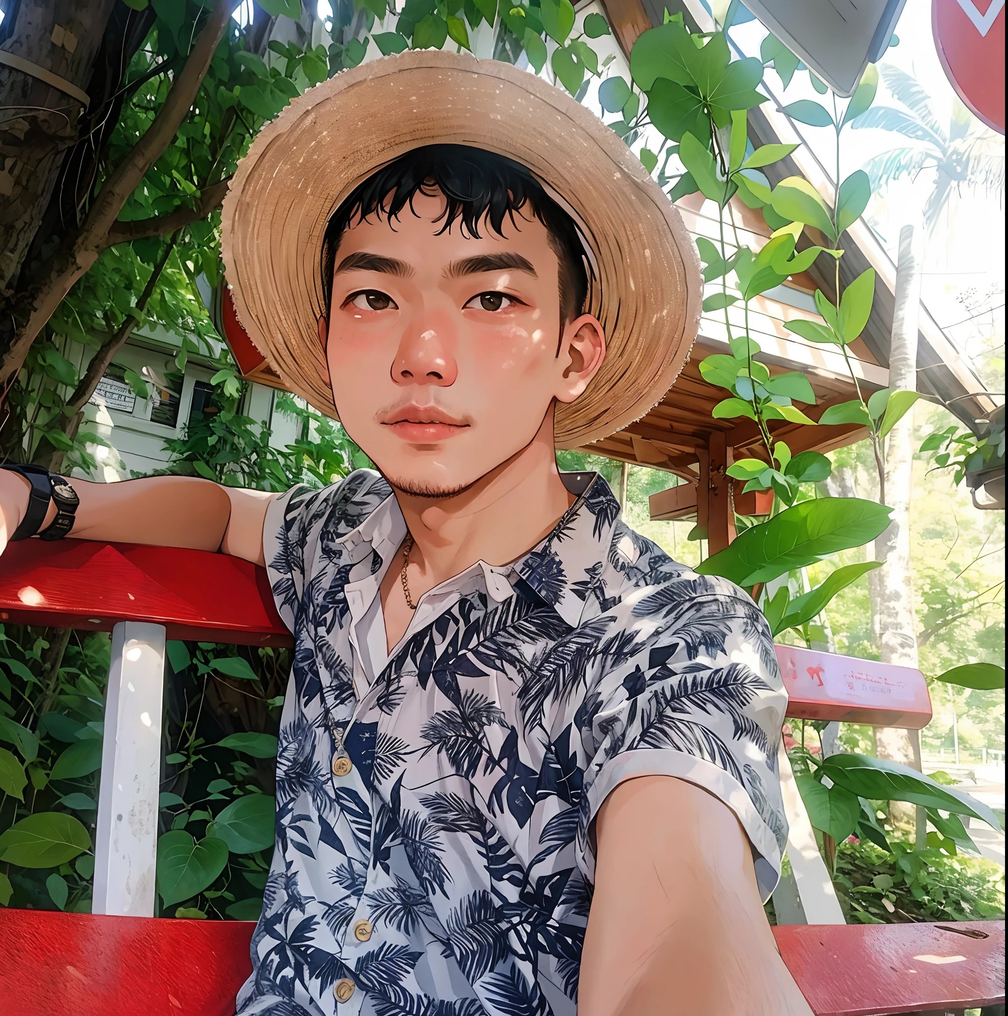 arafed man in a hat sitting on a bench with a red bench, thawan duchanee, 2 , 2 8 years olden in 2 0 2 0, 2 9 years old, 2 3 yearsle picture 1024t baiphowongse, nivanh chanthara