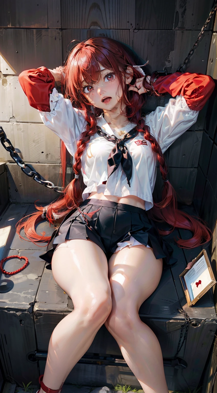 Lift your legs and hang in the air to show the soles of your feet、Lie down with your hips turned away、sole of feet、M-shaped legs、Woman opening her legs、Clothes melting、master piece、1 persons、独奏、Braids、Torn clothes、Cuffed、chains、One navel、Tears、(back arms:1.2)、Shibari、chains、Heart shaped pupils、Scream、Hand flail、Flail、Ruined restroom、red hairs、White shirt、Black tie、White pants