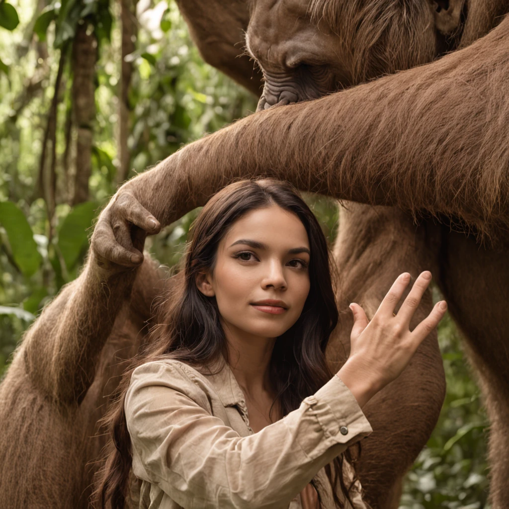 5 men and women shake hands In the Amazon jungle, big trees.