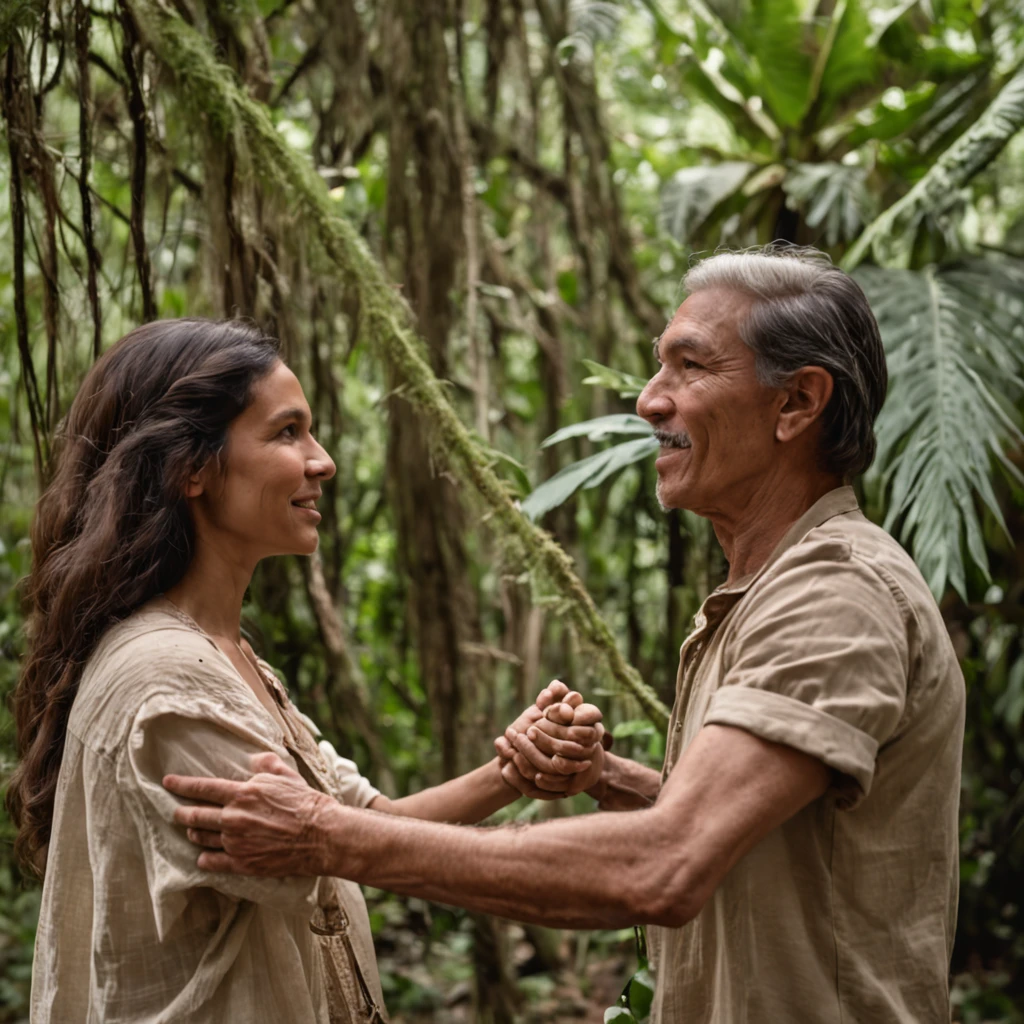 5 men and women shake hands In the Amazon jungle, big trees.