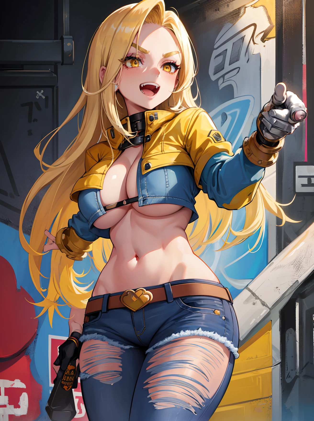 Android 18, Volumetric Lighting, Best Shadows, Shallow Depth of Field, Portrait Of Stunningly Beautiful Girl, Delicate Beautiful Attractive Face With Alluring Yellow Eyes, Messy Painted Face, Sharp Eyebrows, Broadly Smiling, Open Mouth, Fangs Out, Lovely Huge Breasts, Medium Blond Hair, Blush Eyeshadow, Thick Eyelashes, Oversized Pop Jacket, Mini Underboob Tee, Open Navel, Slim Waist, Denim Jeans Pants, With Buckle Belt, In The Graffiti Alley, Waste Container, Outside Stairs, Outdoor Unit, Holding Spray Paint Can, Standing, (Highest Quality, Amazing Details:1.25), (Solo:1.3), Brilliant Colorful Paintings