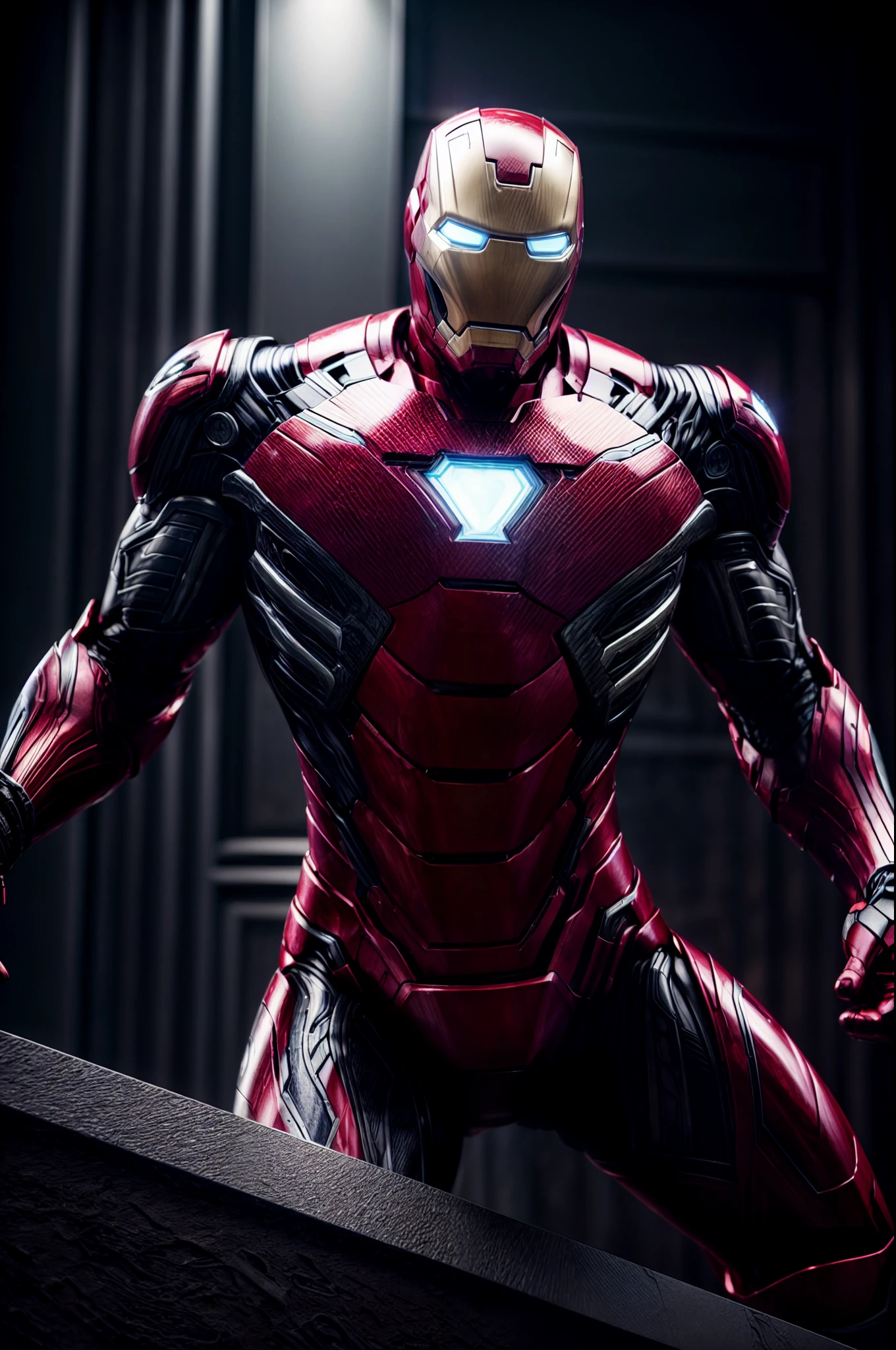 An intricate image of Ironman and venom, levitating, extremely detailed suit, micro-details, photorealism, one light, dark photo, deep shadows, shallow depth of field, photorealistic, Surrealism, high quality, masterpiece, 8k, 8k, super detail, full body portrait, extremely muscular