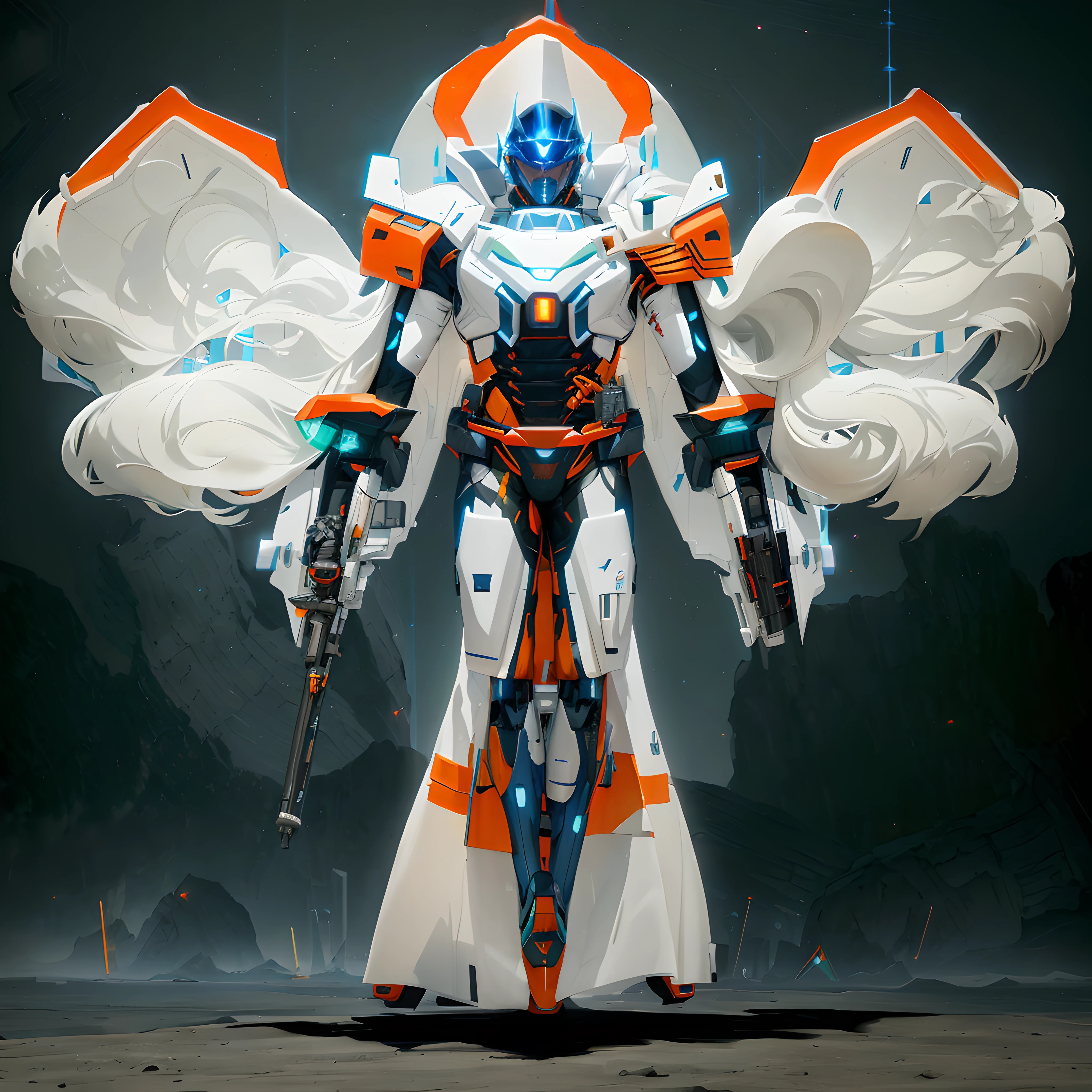 a black colored transformer with green inserts, symmetrically arranged orange parts, on the frontof the body not transparent cabin, on the back - aircraft's wings, arms from elbows to hands look like the front part of a car like from lamborghini, wheels are visible on the forearms, wheels are visible on the back of the knees, on the legs from knees to the ankle there are aircraft's repulsors and small aircraft's tail wings, dressed in a cloak with a metallic tint, no helmet, light blue eyes, instead of the right hand there is a built-in plasma pistol, an orange energy blade comes out of the wrist of the left hand, two legs, two arms, not a suit, composition on the metal planet, big metalic planet, dark-blue metal, shiny metal, cybertron, mechanical planet, empty wasteland, no buildings, no structures, dark blue storm clouds, light blue lightning from clouds, blue river, river to horizon, electrized river, light blue lightning from river, space sky, stars on the sky, realistic, watercolor, 4k, high quality, hight attention to details.