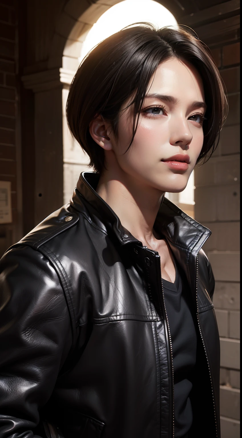 ((Men only)), (Cowboy shot), (Handsome muscular man in his 30s), Black handsome muscular man in black leather jacket on bare skin, He is like《Resident Evil》Leon Kennedy, Domineering smile, (detaile: 1 in 1), natural muscles, high qulity, beautidful eyes, (Detailed face and eyes), (face、: 1 / 2), noise, Real Photographics、... ............................................................PSD, Sharp focus, High resolution 8K, hentail realism & Professional photography, 8K UHD, Soft lighting, High quality, filmgrain, 富士XT3