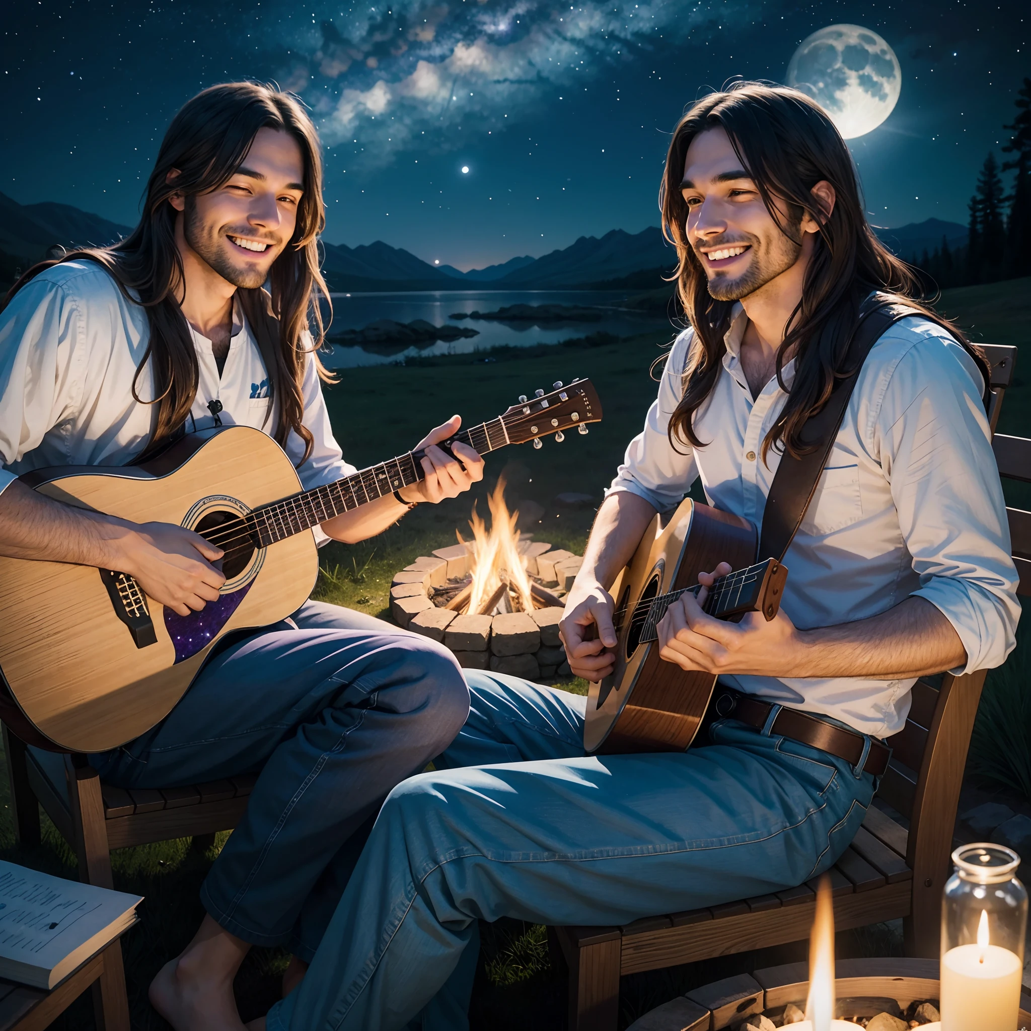 (best quality, masterpiece:1.2), 
Bathed in moonlight, Gathered around a campfire, The man with long hair is smiling, Moved by the beauty of nature.
He talks with friends, Plays the guitar, Sings songs, Feeling a sense of happiness.
He looks up at the starry sky, Shares dreams, Makes wishes, Holding hope for the future.
He enjoys the camping experience, Bathed in moonlight, The man with long hair is smiling, Content with his life.
Well-detailed background drawing, pen and ink. Vignettes of blue and purple representing the stillness of the night are represented.