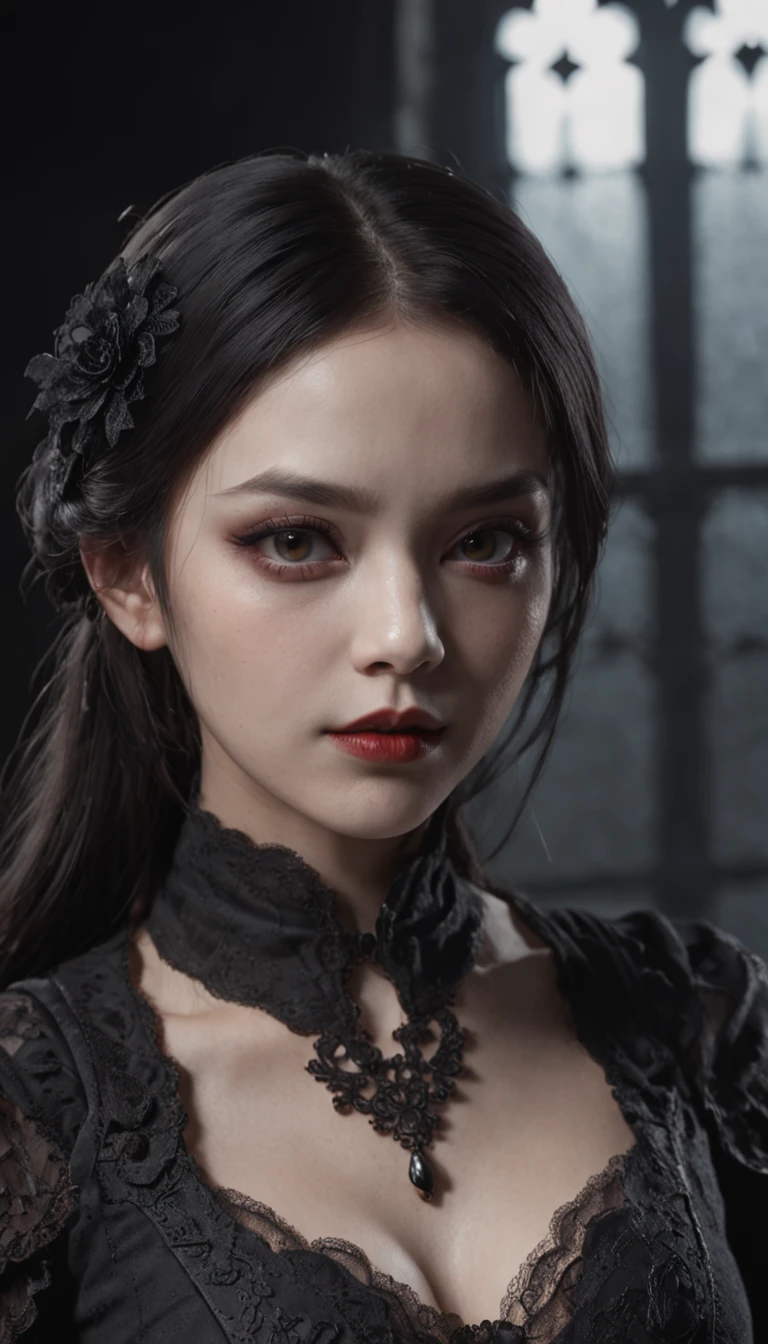 Masterpiece, Best quality, 1 girl, Solo, Natural skin texture, Realistic black eyes and facial details :5),(Dark :1. 4), Deep shadows, Extremely detailed beauty, Detailed eyes and face, sharp black eyes, Red lipstick, No black eyeliner, Detailed gothic costumes, pony tails, Black hair, nikon d850 film, Surreal, Authentic textures, Dramatic, lighting, illusory engine, (facial clarity :1). 5), (Transparent clothes :1); 1) Gothic style, Black lace, tattoo