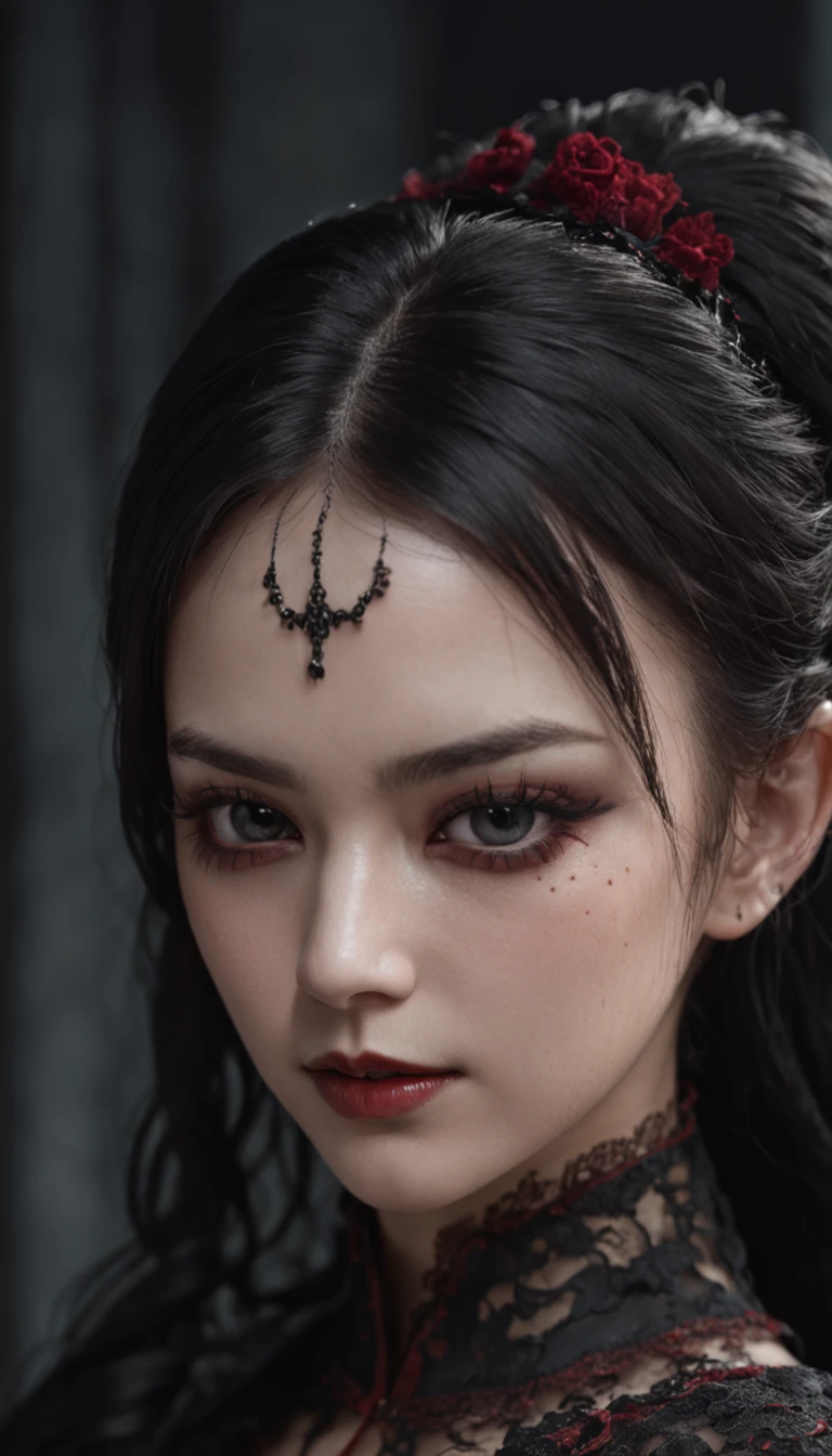 Masterpiece, Best quality, 1 girl, Solo, Natural skin texture, Realistic black eyes and facial details :5),(Dark :1. 4), Deep shadows, Extremely detailed beauty, Detailed eyes and face, sharp black eyes, Red lipstick, No black eyeliner, Detailed gothic costumes, pony tails, Black hair, nikon d850 film, Surreal, Authentic textures, Dramatic, lighting, illusory engine, (facial clarity :1). 5), (Transparent clothes :1); 1) Gothic style, Black lace, tattoo