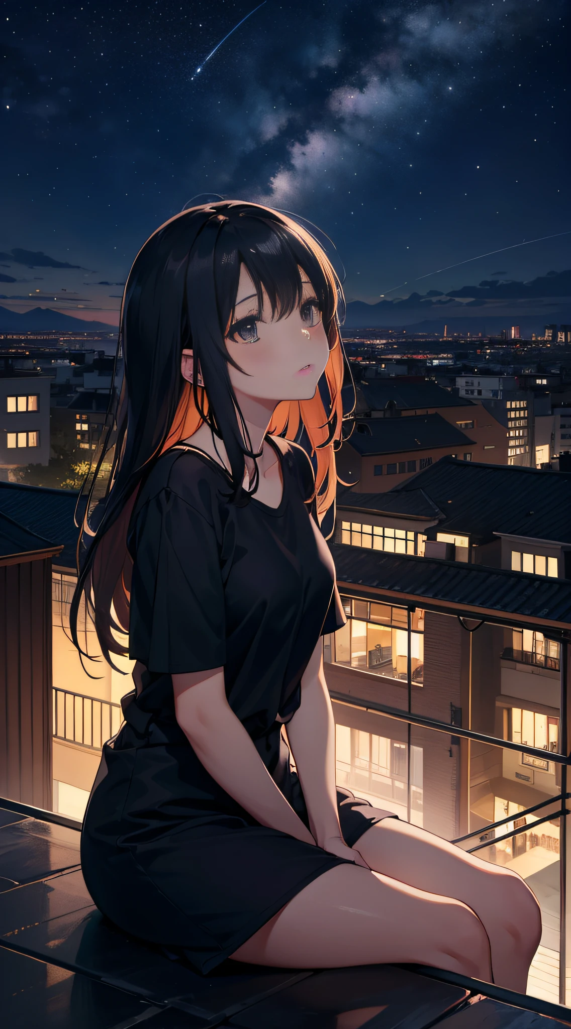 Close-up，A girl sits on a roof,Look up at the starry sky in the night sky。On the horizon in the distance,The silhouette of several buildings can be seen。She felt the comfort of the night breeze。The whole scene is calm and beautiful